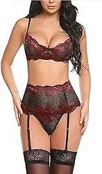 Conjunto de lingerie feminina de 3 peças com renda em dois tons, sutiã, cinto liga e calcinha, alças ajustáveis, vermelho e preto, P1, G