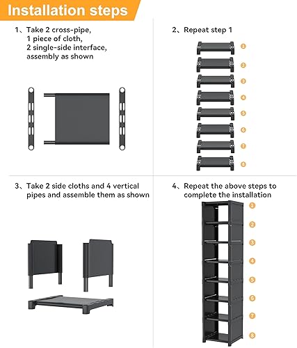 Miniatura 5 de Organizador de zapatos de 8 niveles, almacenamiento vertical estrecho que ahorra espacio, estante de esquina de pie libre de metal para armario,