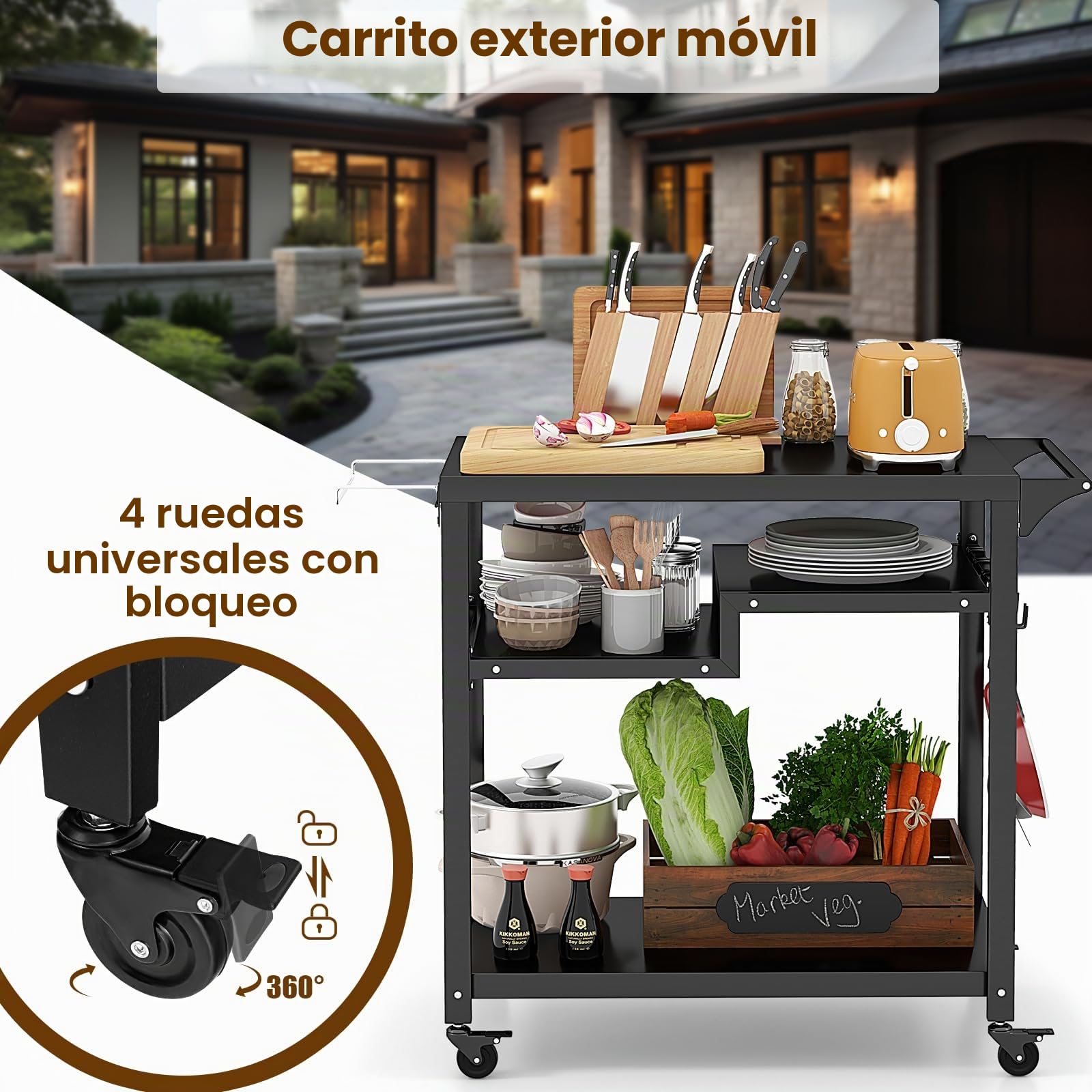 KOMFOTTEU Carro de Servicio de Metal para Exterior, Carrito Auxiliar con Ruedas para Jardín, Carro de Barbacoa de 3 Niveles con Asa, Ganchos y Soporte para Bolsas de Basura, Negro (3 Niveles)