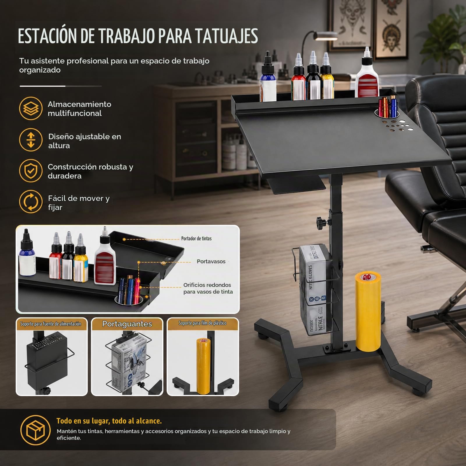 Estación de trabajo de tatuajes, bandeja de salón con ruedas con altura ajustable y almacenamiento multifuncional, ruedas de hierro para salones de peluquería, estudios de tatuaje, salones de