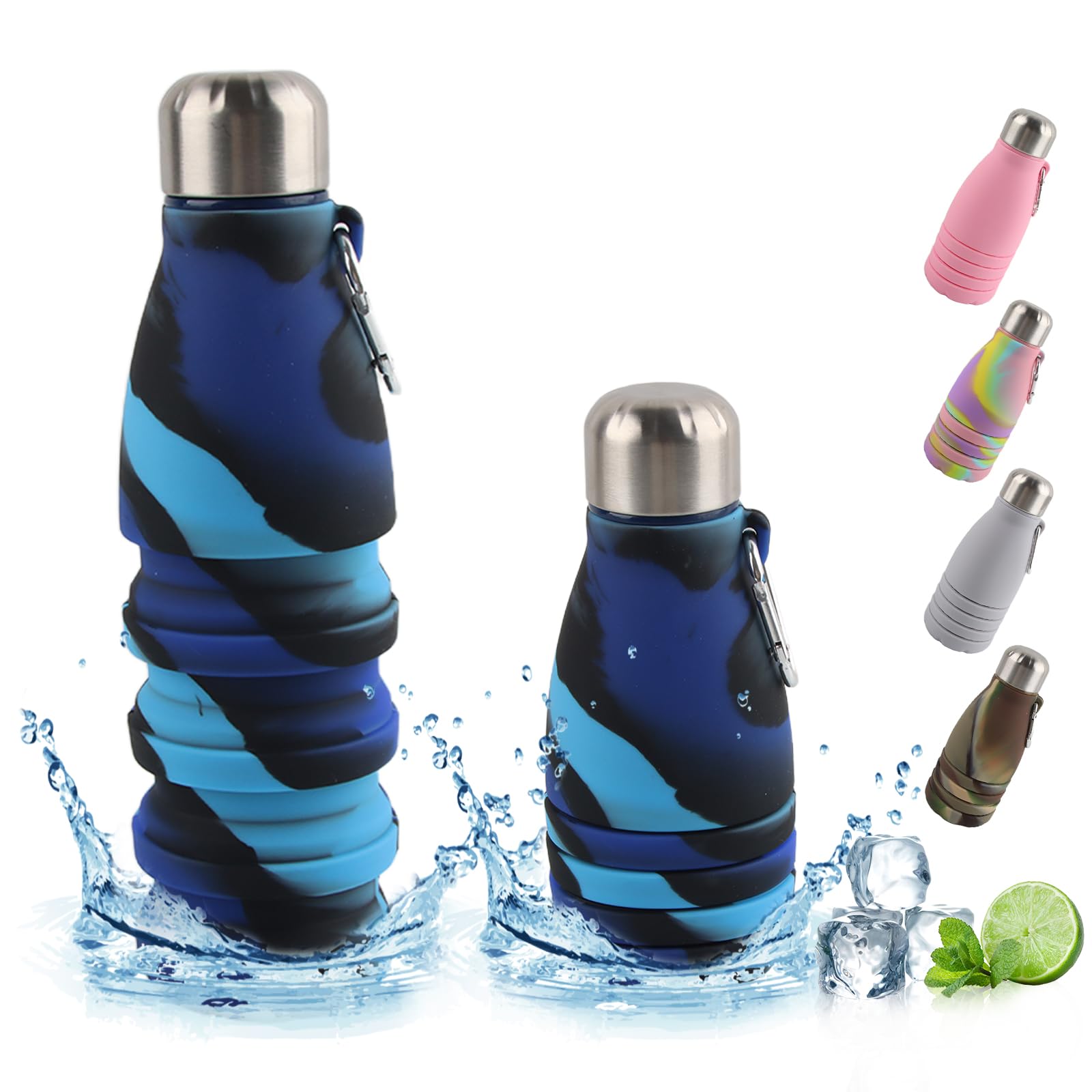 Borraccia Pieghevole In Silicone Alimentare, 500 Ml, Blu Scuro, Con Moschettone, Antiperdita, Per Viaggi E Palestra - 3