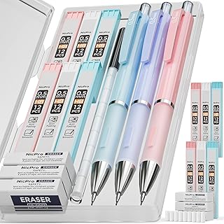 Nicpro 3PCS Pastel Mechanical Pencil Set, 0.5 mm with 6 Tubes HB Lead Refills& 3PCS Eraser& 9PCS Eraser Refill for Student Writing, Drawing, Sketching, Drafting -Come with Case
