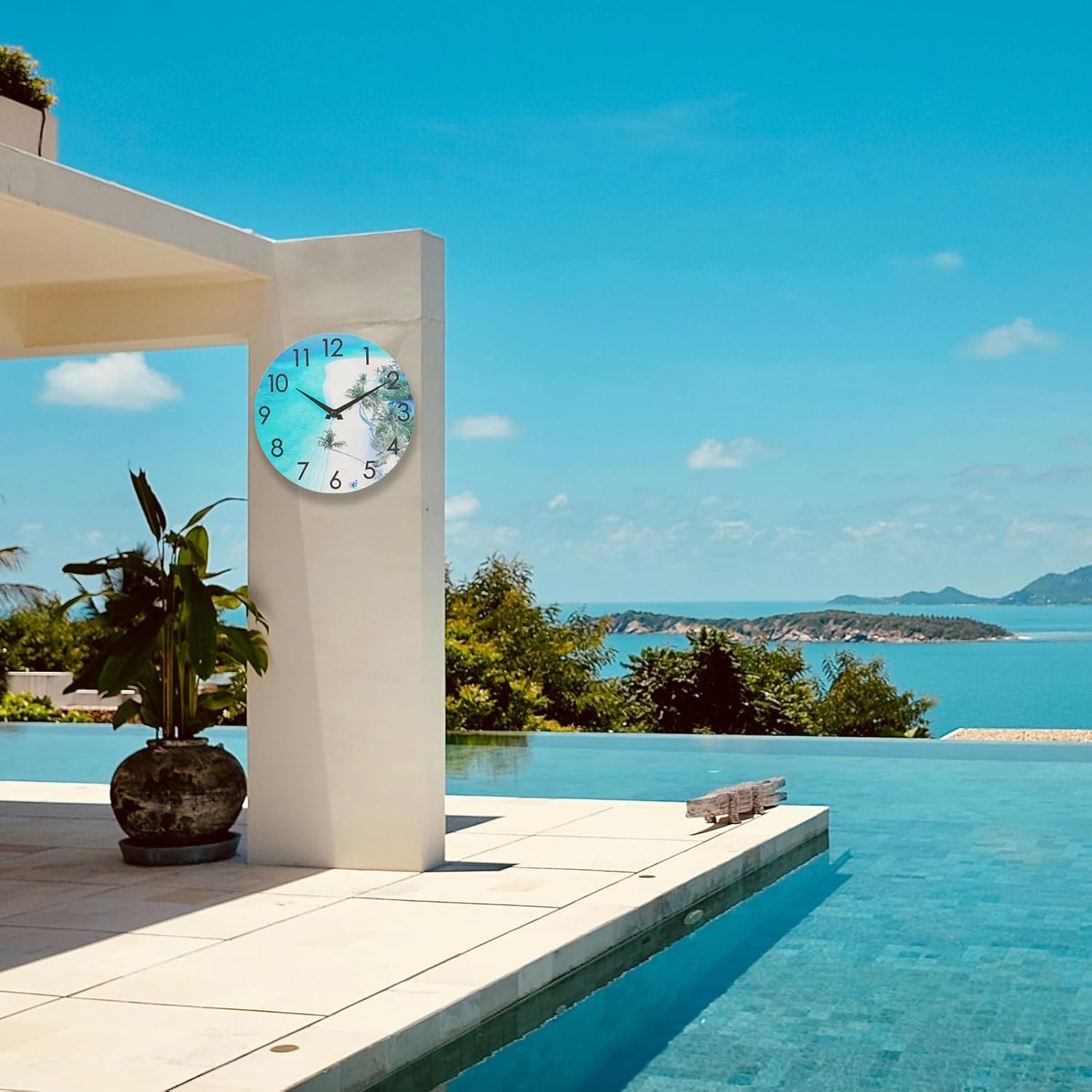 14 Inch Indoor Outdoor Clock Waterproof, Coastal Beach Decorative Wall Clocks for Pool, Patio, Garden, Home Decor- Blue