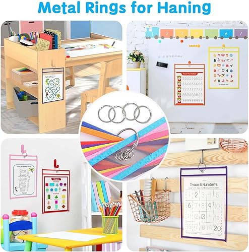 Miniatura 5 de Paquete de 32 fundas de bolsillo de borrado en seco con anillos, fundas de papel de plástico de 10 x 14 pulgadas, soportes transparentes para