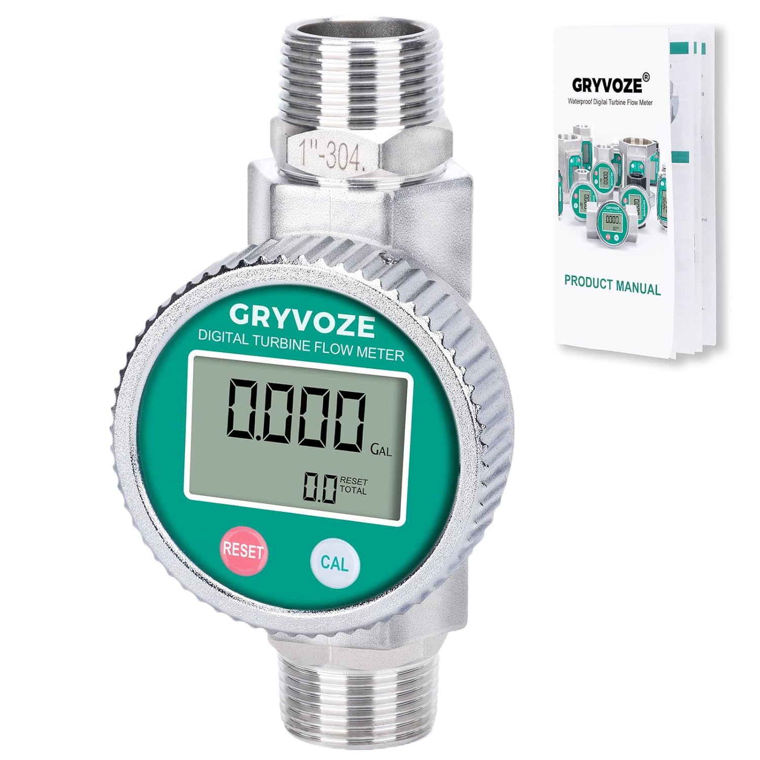 GRYVOZE 1 Inch Digital Fuel Flow Meter Kit: IP68 Waterproof, EMI-Resistant, ±1% Accurate 2.6-26 GPM for Diesel, Water, Gasoline