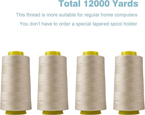 Miniatura 4 de Hilo de serger, hilo multiusos para coser, hilo beige, hilo de coser de poliéster, 4 conos de 3000 yardas cada carrete para hilo de máquina de coser