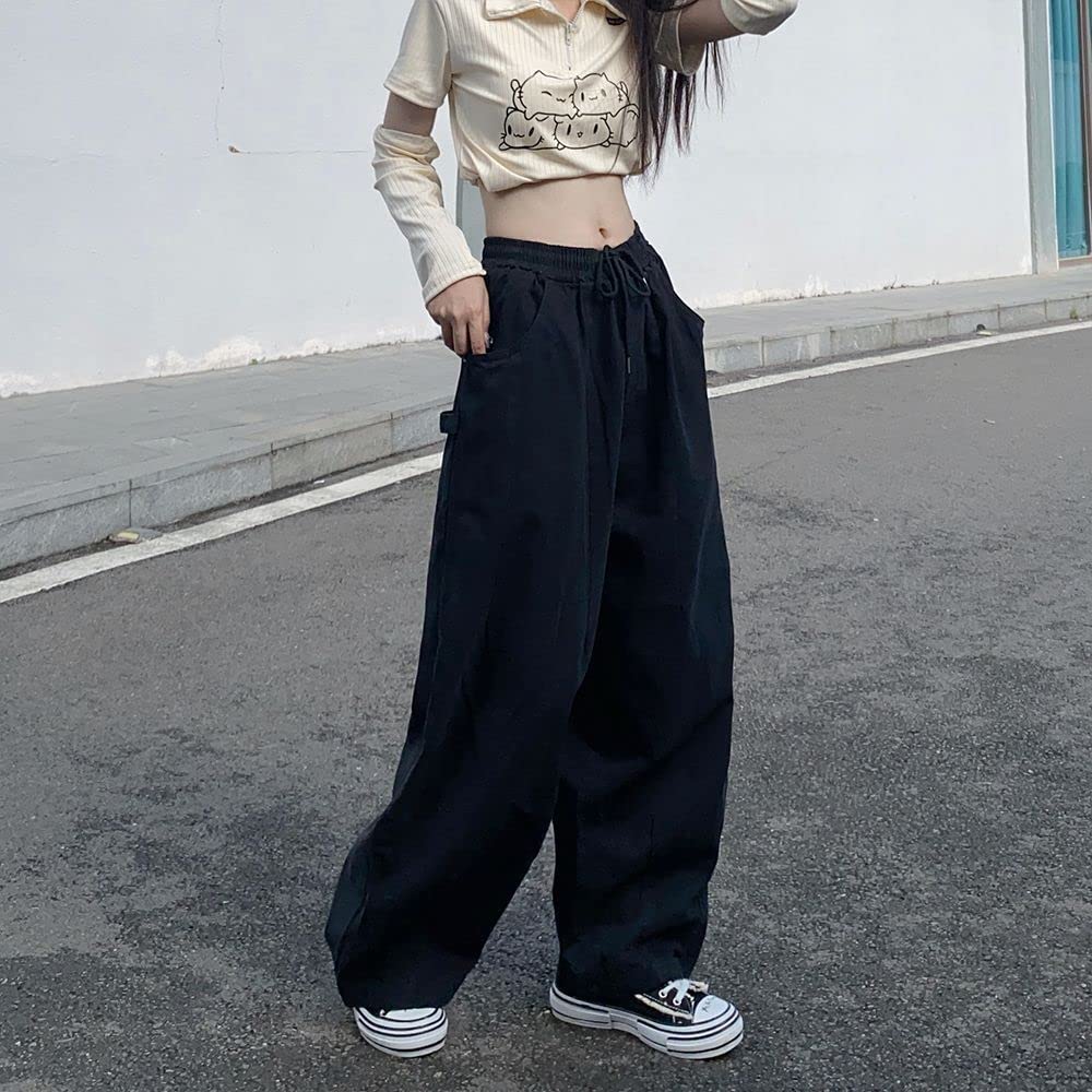 Pantalones de paracaídas para mujer, pantalones tipo cargo, holgados, Harajuku Y2K, cintura baja, pierna ancha, holgados, góticos, de hadas, Negro -, X-Large