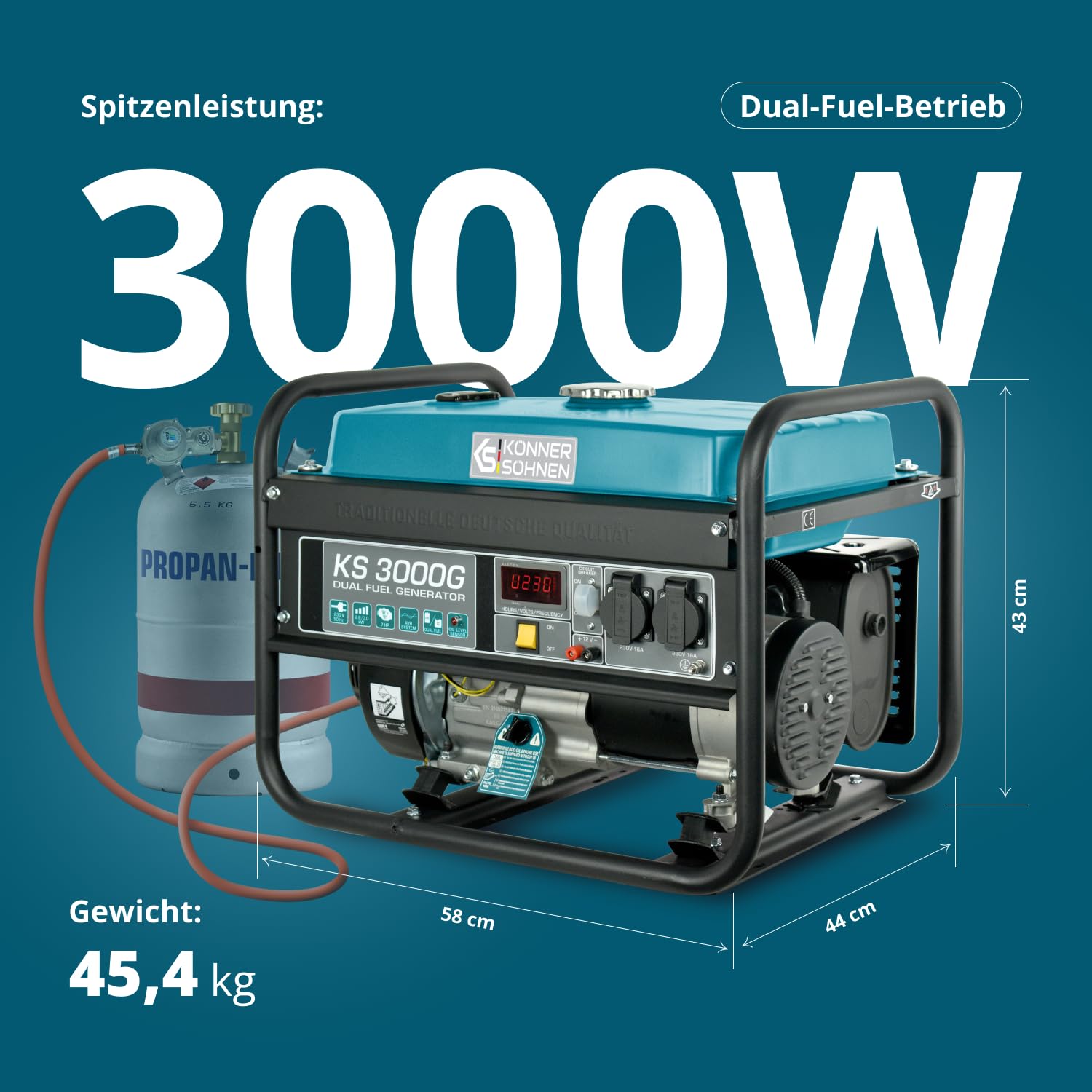 Könner & Söhnen KS 3000G - Hybrid Benzin-LPG 4-Takt Stromerzeuger, Kupfer Generatoren 3000 Watt, 16A, 230V, Generator für Kleinhaus, Garage oder Camping