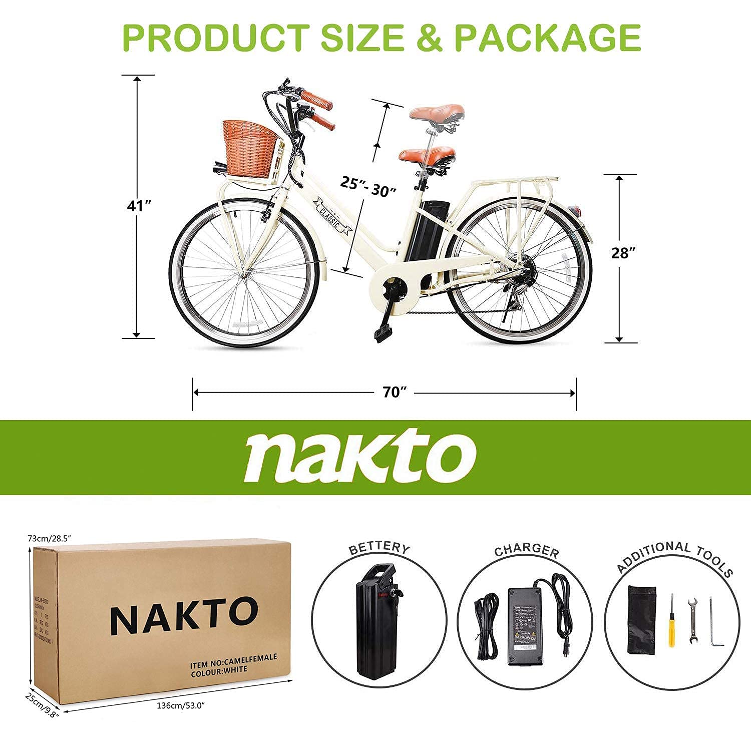 NAKTO 350W Electric Bike 26" Commuting EBike 6 Speed Electric Bikes