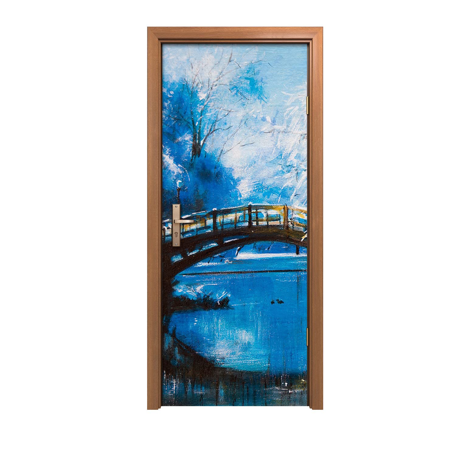 Autocollant de porte 90x200cm Coloray avec motif de pont d'arbre d'hiver pour déco intérieure