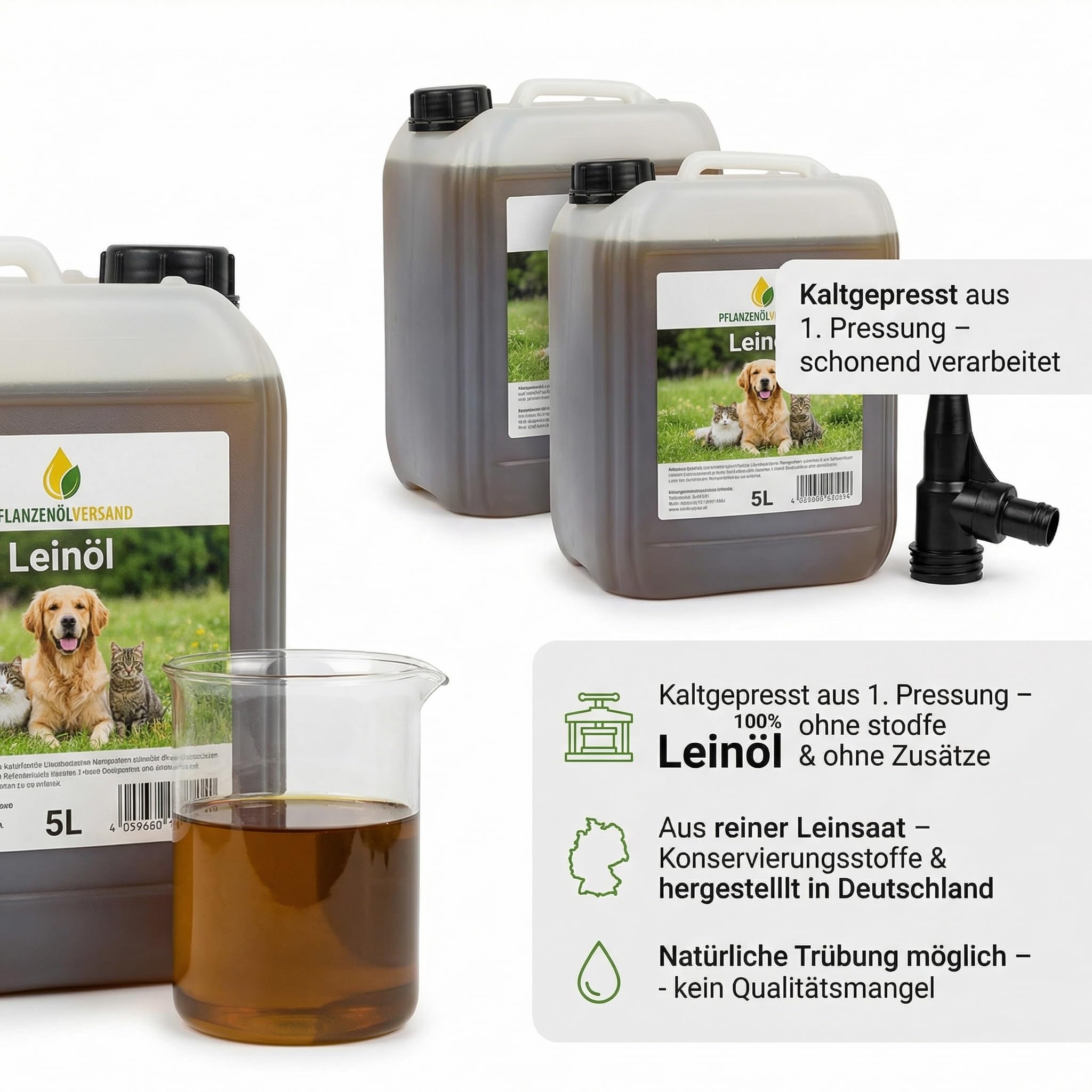 Leinöl für Hund & Katze, kaltgepresst aus Erstpressung, 100% rein ohne Zusätze, Einzelfuttermittel, Futteröl für Barf & Trocken-/Nassfutter, 2 x 5 l Vorrat inkl. Ausgießer