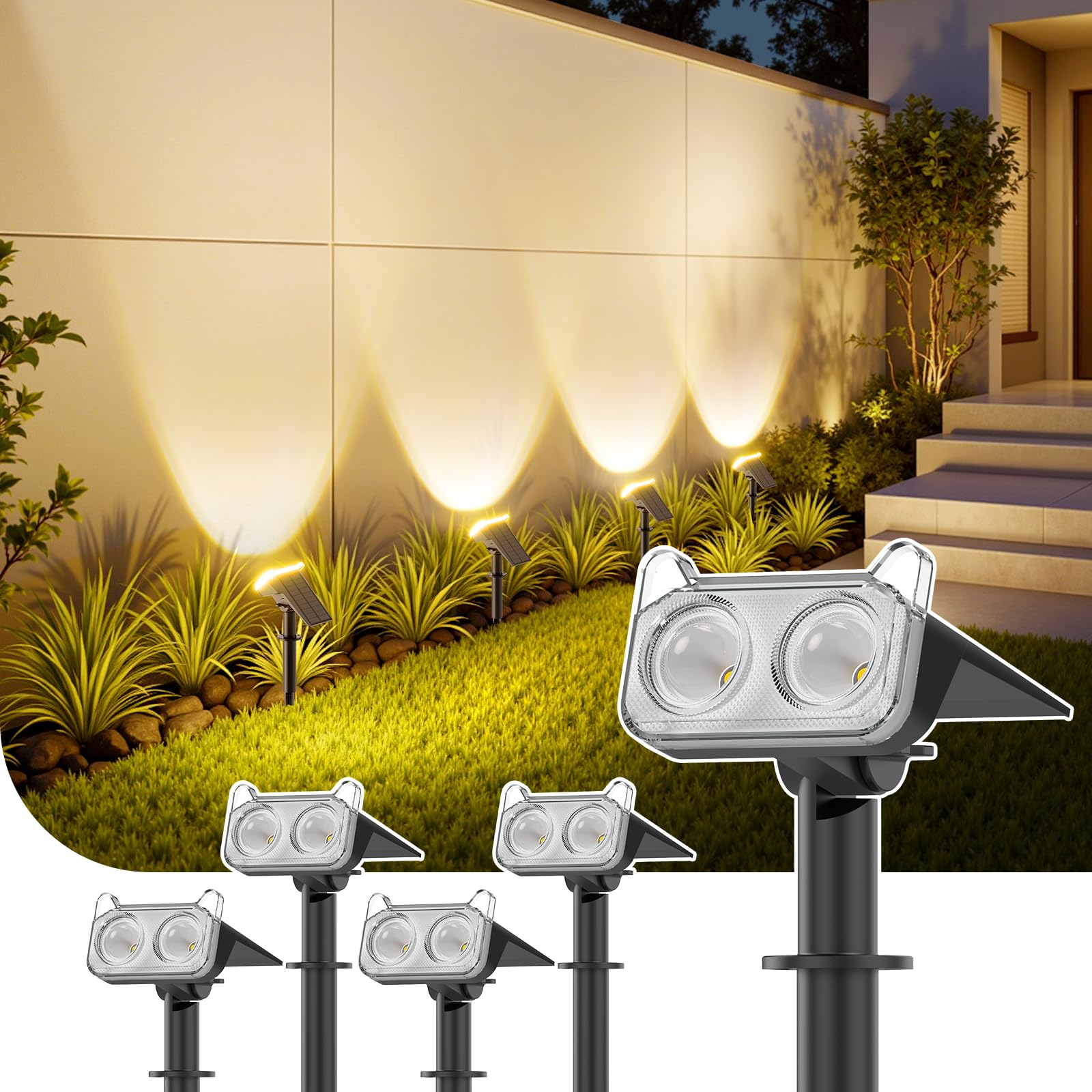 GEARLITE Spot Solaire Exterieur Puissant, Lot de 4 Lampes Solaires Exterieures Jardin 3000K Lumière Blanc Chaud, 2 Modes d'Éclairage, IP65 Étanche Eclairage Exterieur Solaire pour Chemin Allée
