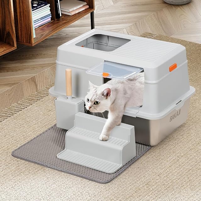 BAKAJI Arenero para Gatos XXL con Base de Acero Inoxidable de 35 litros y Escalera antiarena