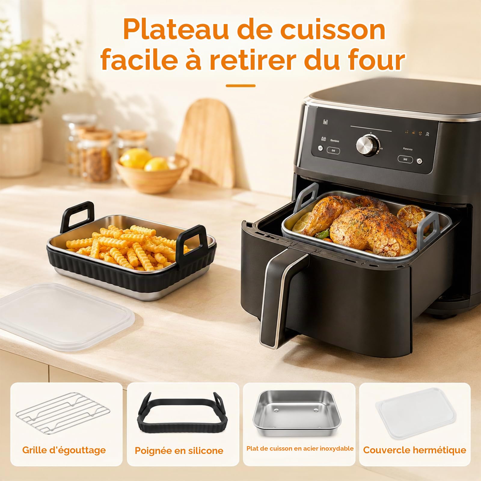 2 Plats Pour Air Fryer En Acier Inoxydable, Compatibles avec Heißluftfritteuse AF400EU/AF500EU/AF451EU/DZ400EU, Plat Four Avec Couvercle Et Poignées Amovibles, Accessoire pour Airfryer, Sans BPA