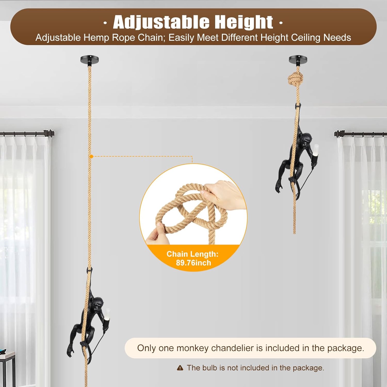 Monkey Pendant Light Vintage Resin Hemp Rope Chandelier Edison Ceiling Pendant Lamp Fixture E26 for Dining Living Room Bedroom Bar Cafe Decorative Hanging Monkey Lamp