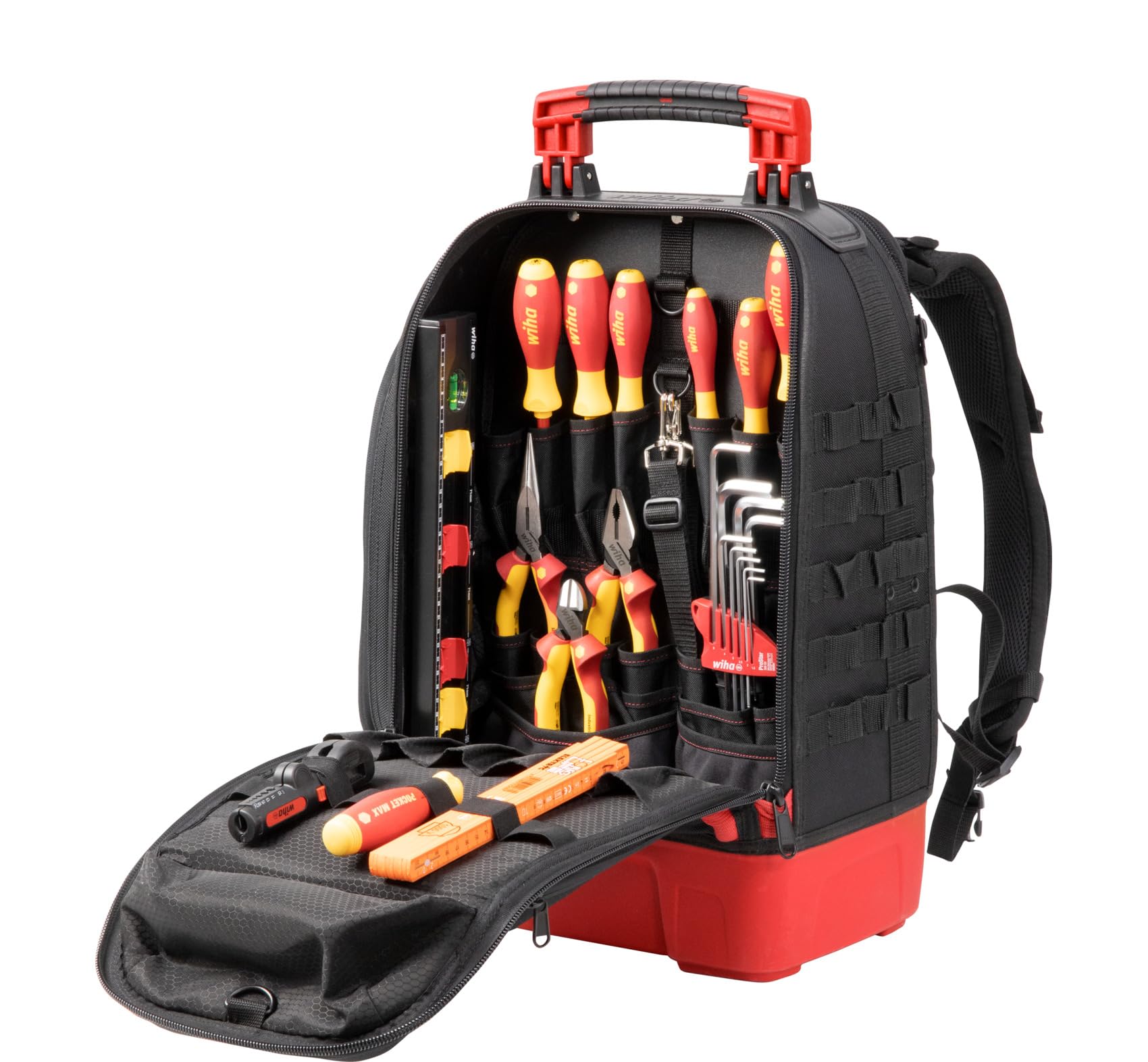 Wiha Elektriker Werkzeugrucksack 27-tlg. I mit Elektriker Grundausstattung I stabiler Standboden I mit Laptopfach I Taschen für Zubehör (45528) | (45528) Arbeitsrucksack I stabiler Standboden I mit Laptopfach I Taschen für Zubehör I Werkzeugtasche für Ele