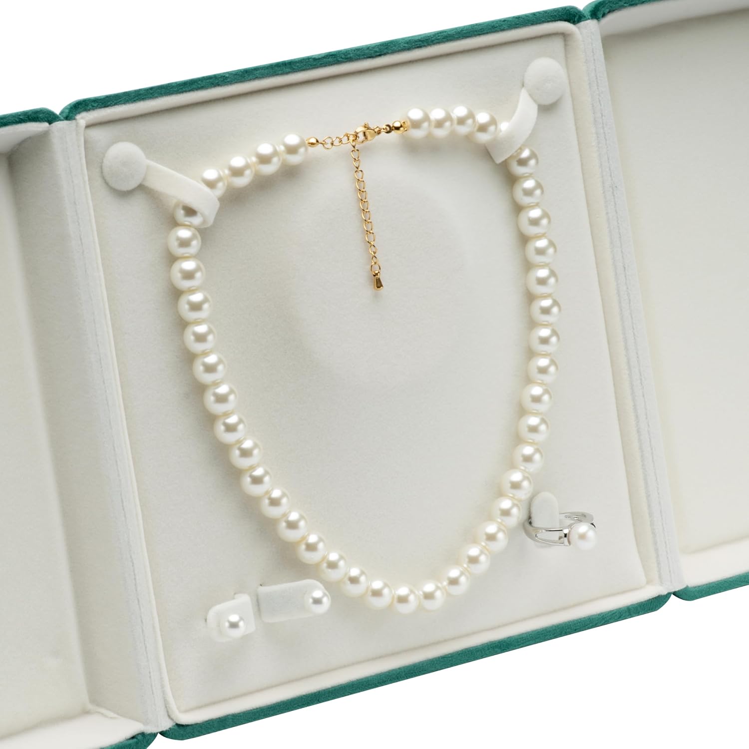 Velvet Big Pearl Necklace and Ring Earring Pendant Gift Box Jewelry Storage Case (Green)