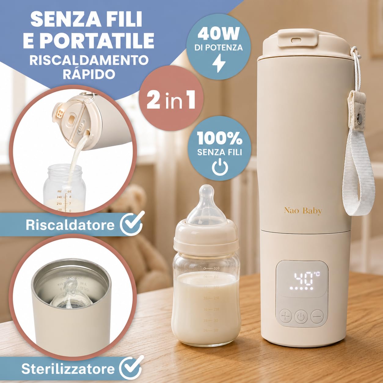 Scaldabiberon Portatile 2 in 1 con Sterilizzatore Biberon e Batteria Lunga Durata | Scalda Biberon Neonato Portatile 350ml con Conservazione 20h | Scaldabiberon Portatile Senza Fili