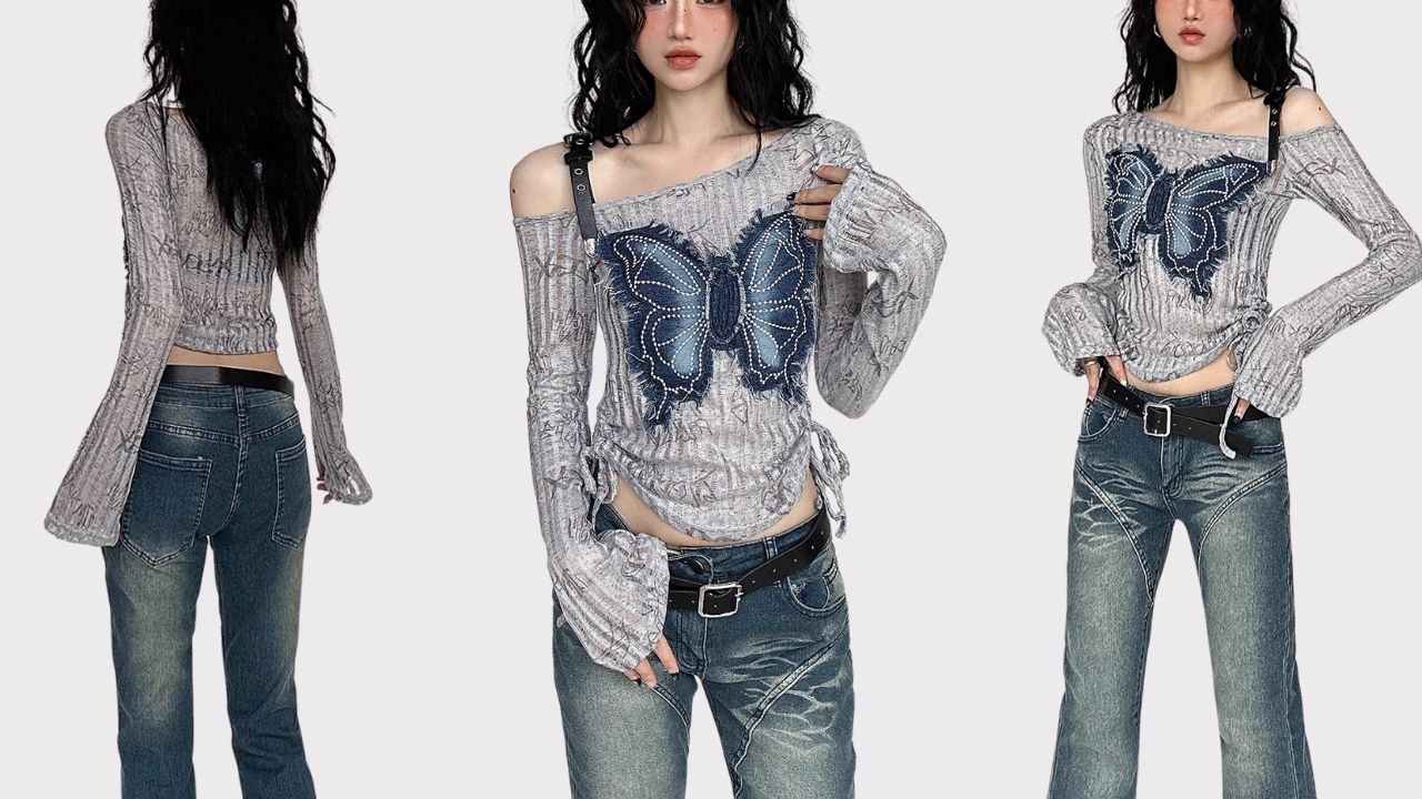 Y2k トップス FRANQUEENSENSE Lafaguw Y2K Tops for Women Cute Long Sleeve Butterfly Shirts