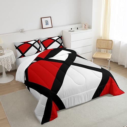 Miniatura 2 de Juego de edredón de cuadros rojo, gris y blanco, juego de ropa de cama individual, rayas negras, 2 piezas para niños, adolescentes, niños, niñas,