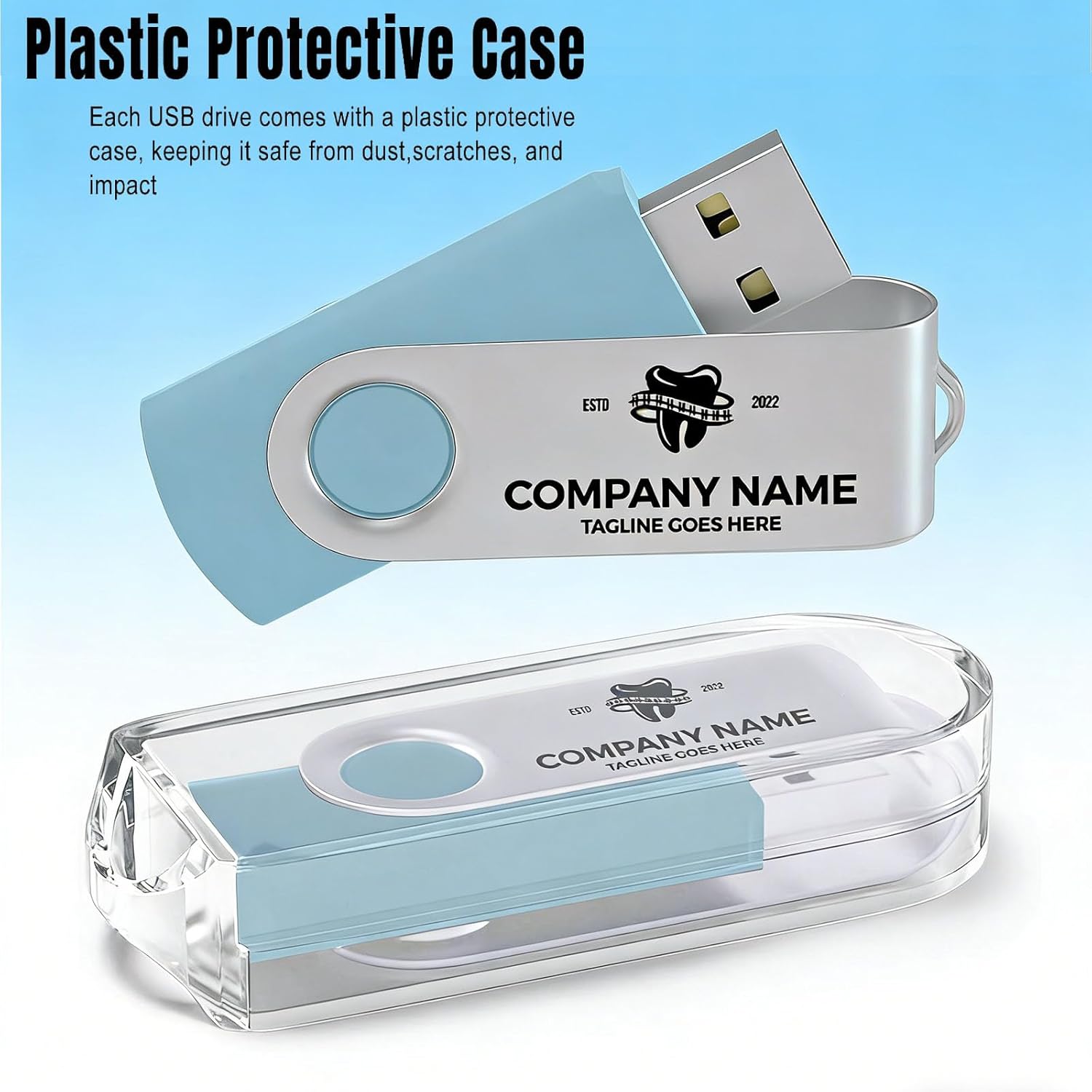 10 Pack 2GB Custom USB Flash Drives USB 2.0 with Case, Personalized Thumb Drives with Logo/Text/Image, Light Blue Bulk Customized Memory Sticks for Wedding, Business, Corporate Gifts