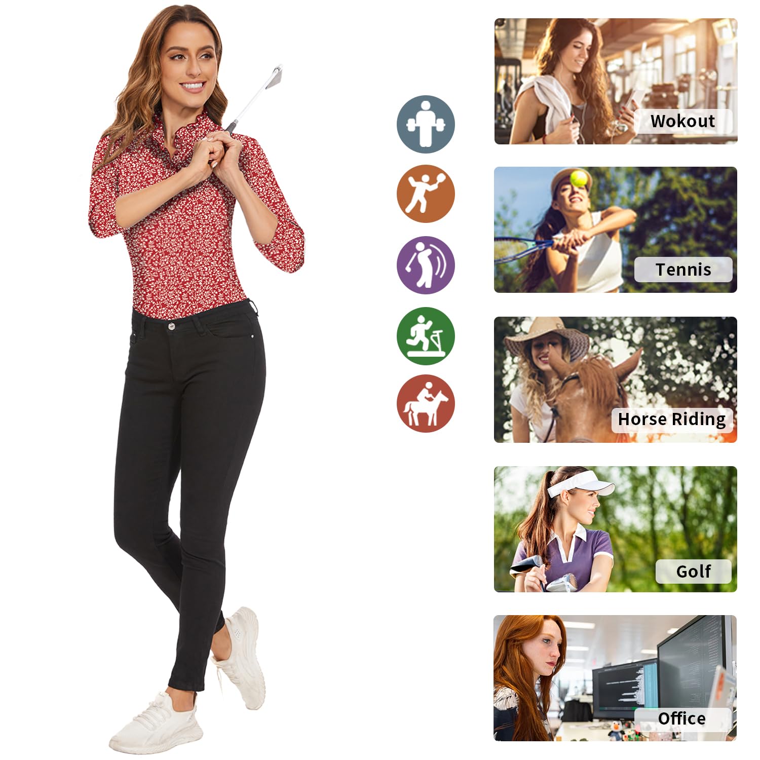 Soneven Camicetta da donna, elegante, maniche a 3/4, da golf, da donna, a maniche lunghe, da ufficio, con volant
