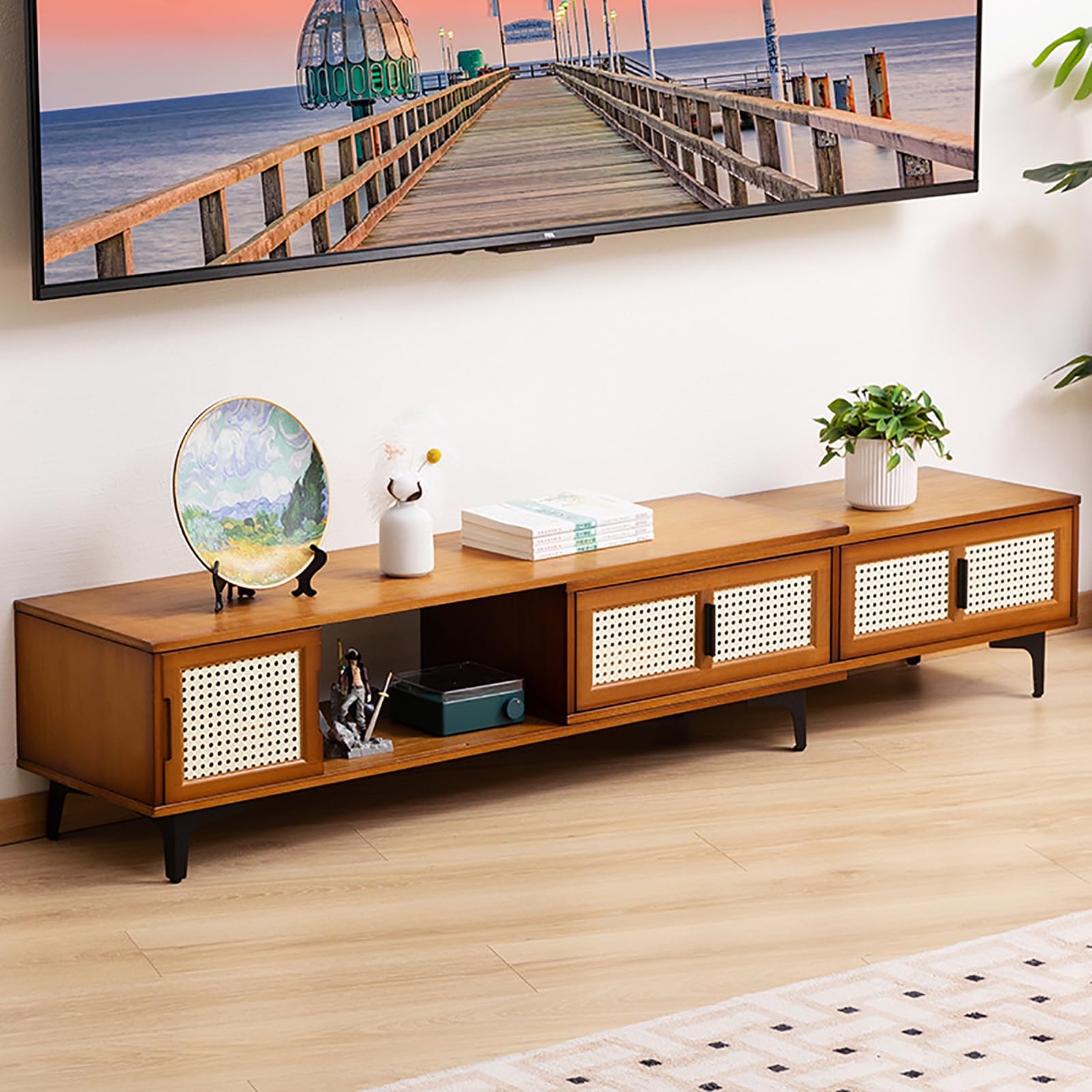 Meuble TV en bambou télescopique : console multimédia modulable couleur bois naturel pour salon