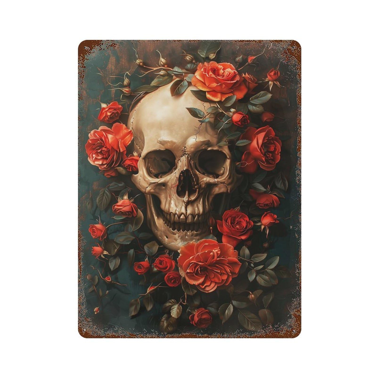 Aged Metal Wall Plaque with Floral Skull Dead Design 15.7"x11.8", for Cafe, Home Bar And Lounge Decor, Novelty Wall Decor