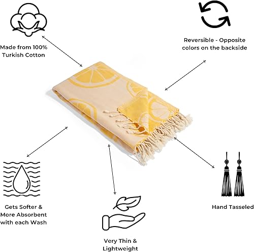 Miniatura 2 de Toalla turca de baño y playa, 69 x 39 pulgadas, estampado de cítricos, 100% algodón turco orgánico, suave, ligera y absorbente, de secado rápido,