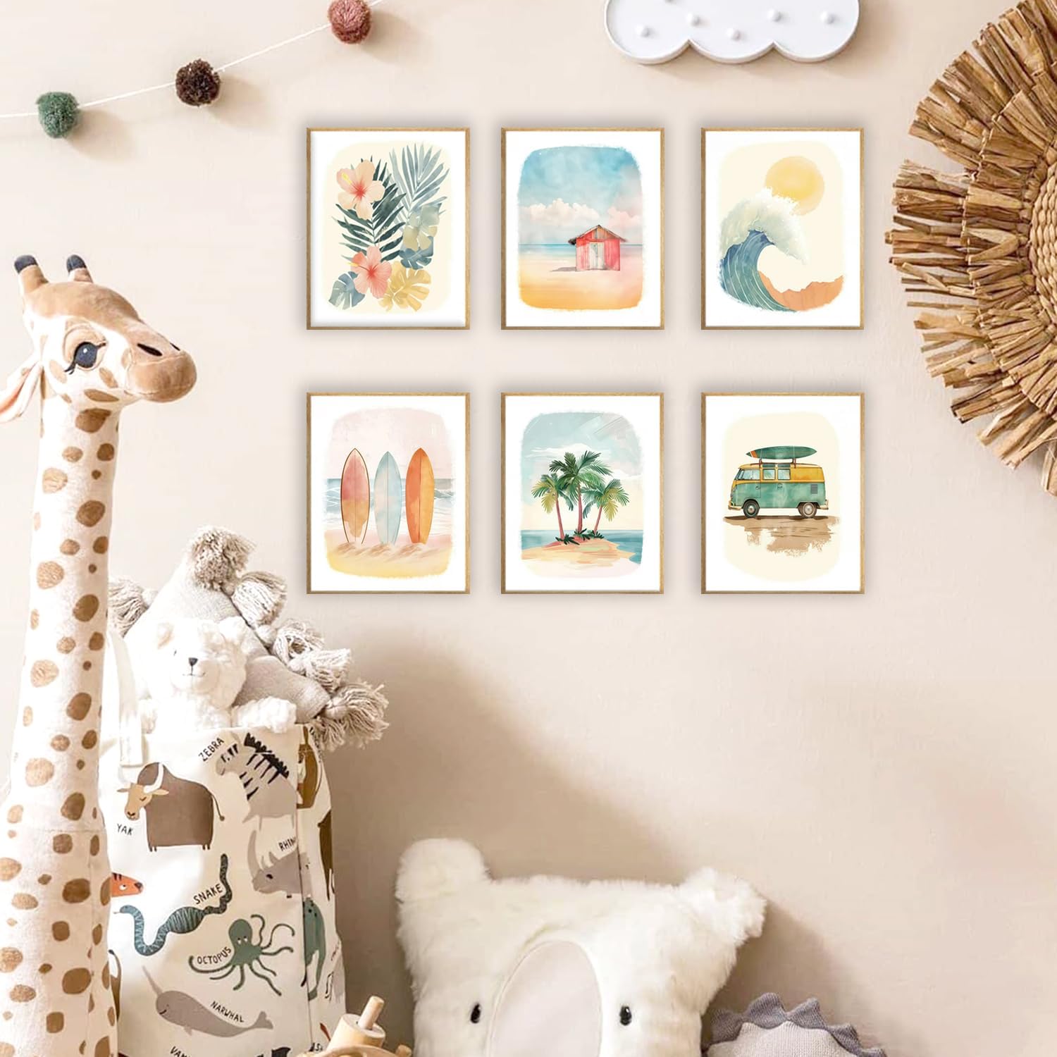 Beach Nursery Poster, Set of 6 Ocean Kids Wall Art Watercolor Summer Surf Wall Decor Beachy Boys Room Decor Funny Teen Coastal Surfboard Canvas Prints Aesthetic Unframed 8x10 inch image 4