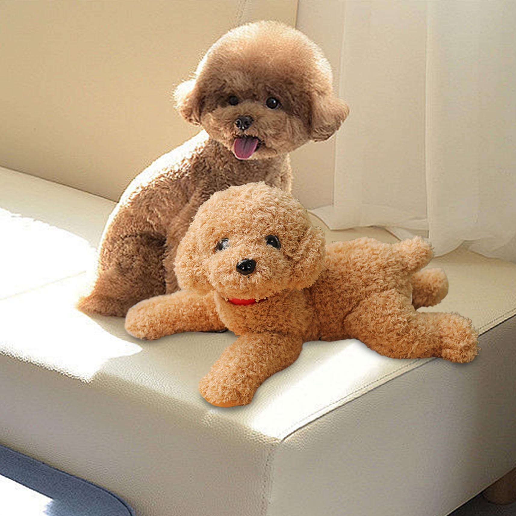 Hundeplüsch, süßer, lebendiger Teddy-Hund, Paarungsspielzeug, 35, 6 cm, mit Baumwolle gefülltes Plüschtier mit Halsband, dekorativ gefüllt für Couch, Sofa, Bett, Beige.