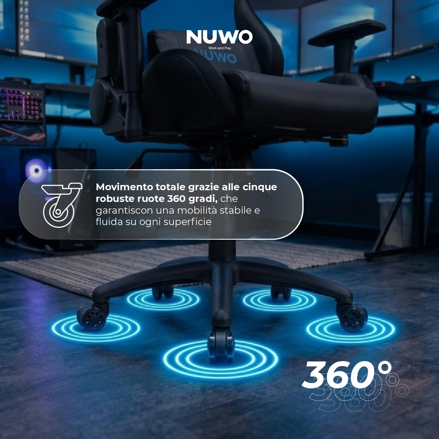 Nuwo Sedia Gaming LED RGB Ergonomica in Tessuto Traspirante | Reclinabile 180° | Struttura in Acciaio 150Kg | Braccioli 2D | Supporto Lombare e Cervicale | Sedia PC Gaming e Ufficio