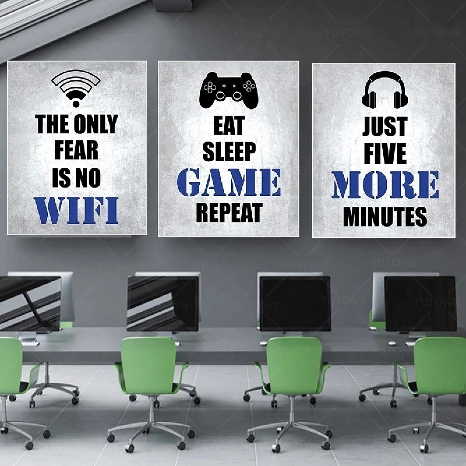 Videogioco A Tema Gamer Wall Art Canvas Poster Nero Bianco e Blu Gaming Picture for Teen Room Internet Cafe Decor 40x52cmx3pcs frameless