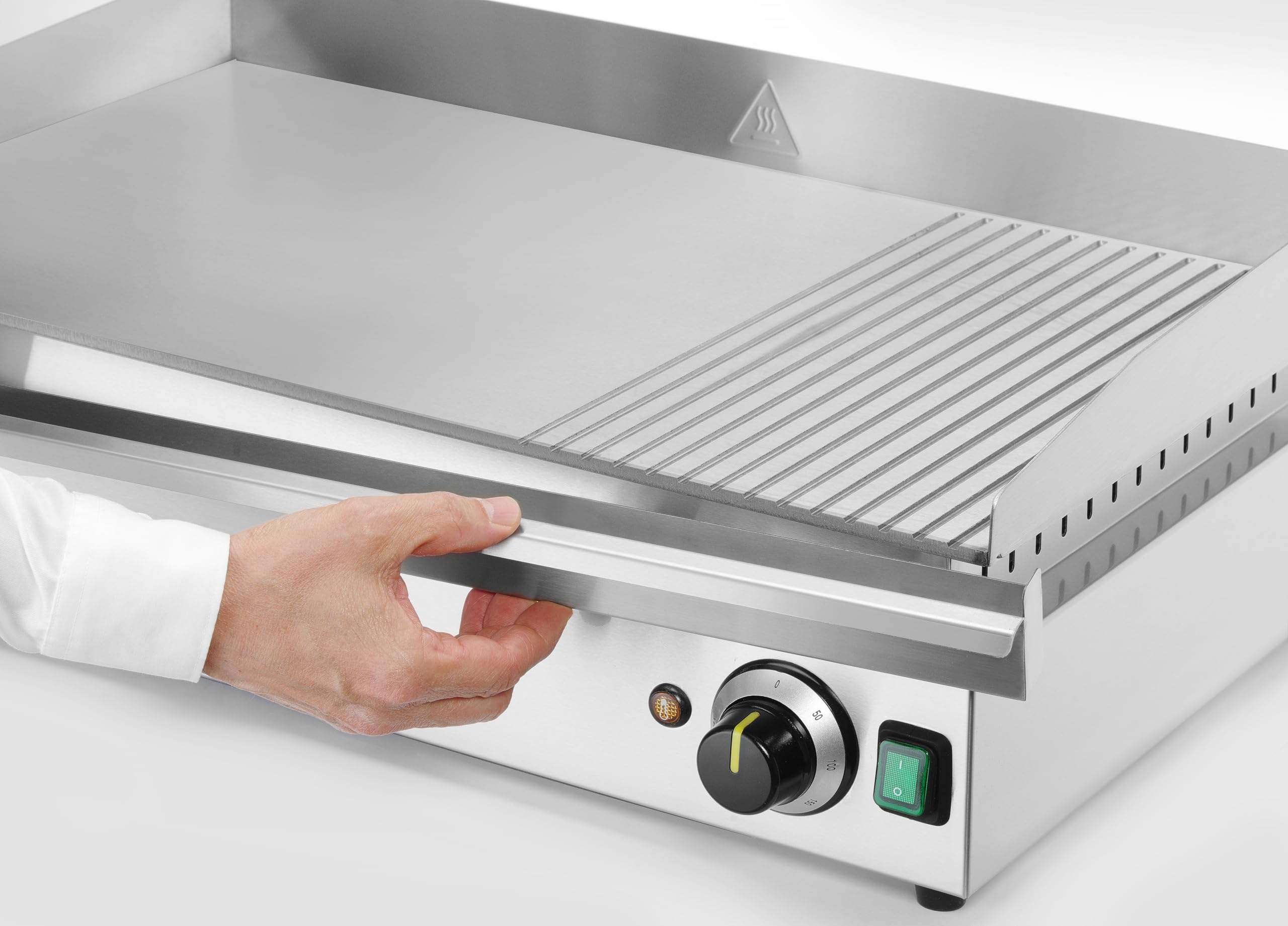 HENDI Plancha de asar eléctrica mixta 2/3 lisa y 1/3 acanalada, grill parrilla con bandeja de goteo extraíble, temperatura regulable hasta 300°C, 230V, 3500W, 697x474x(H)233mm, acero inoxidable