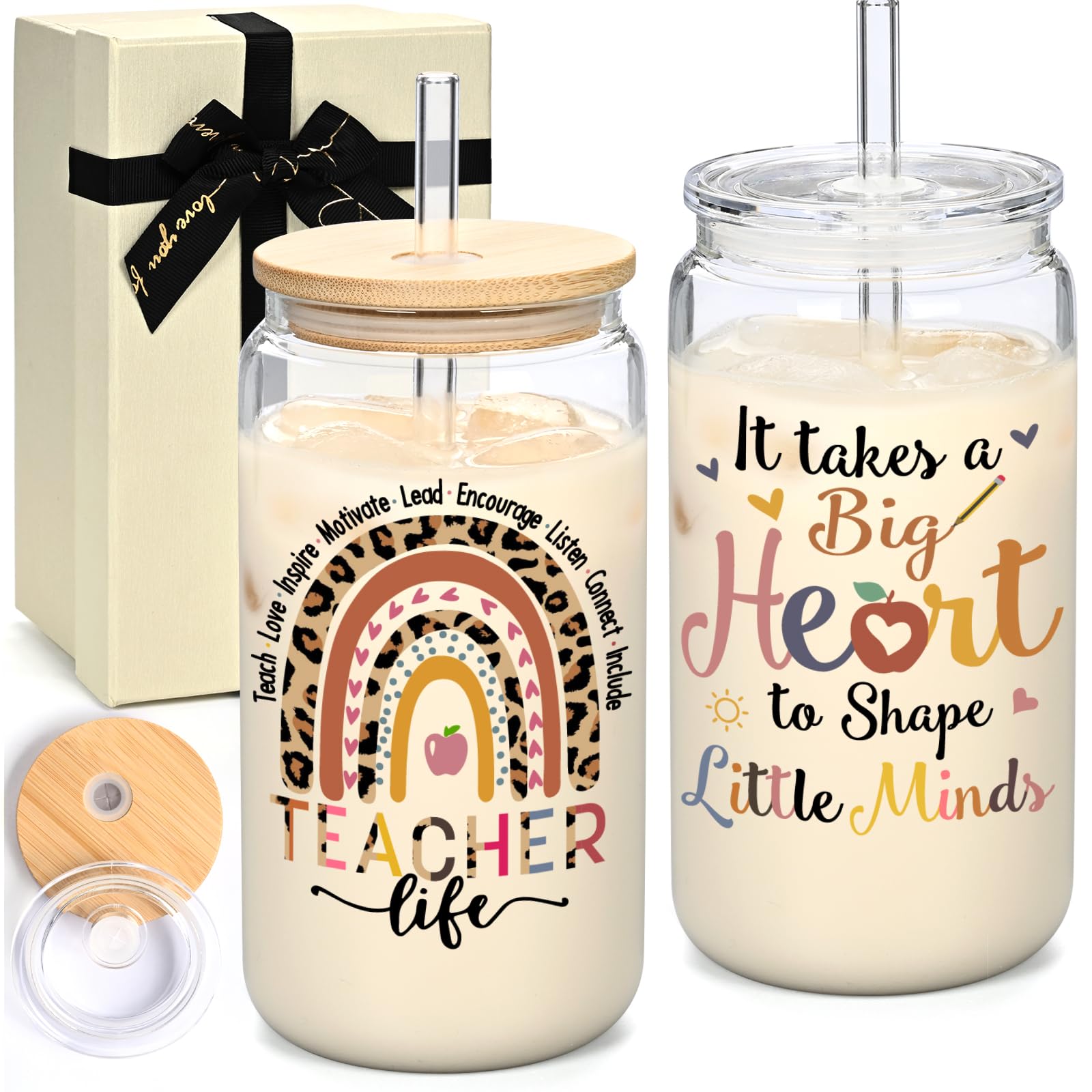 LiqCoolTeacher Christmas Gifts, Best Teacher Gifts Box Set - 16 Oz Can Glass Cup, Cute Teacher Gifts Ideas for Women, Thank You Gifts for Daycare Preschool Teacher Appreciation Week(Big Heart)