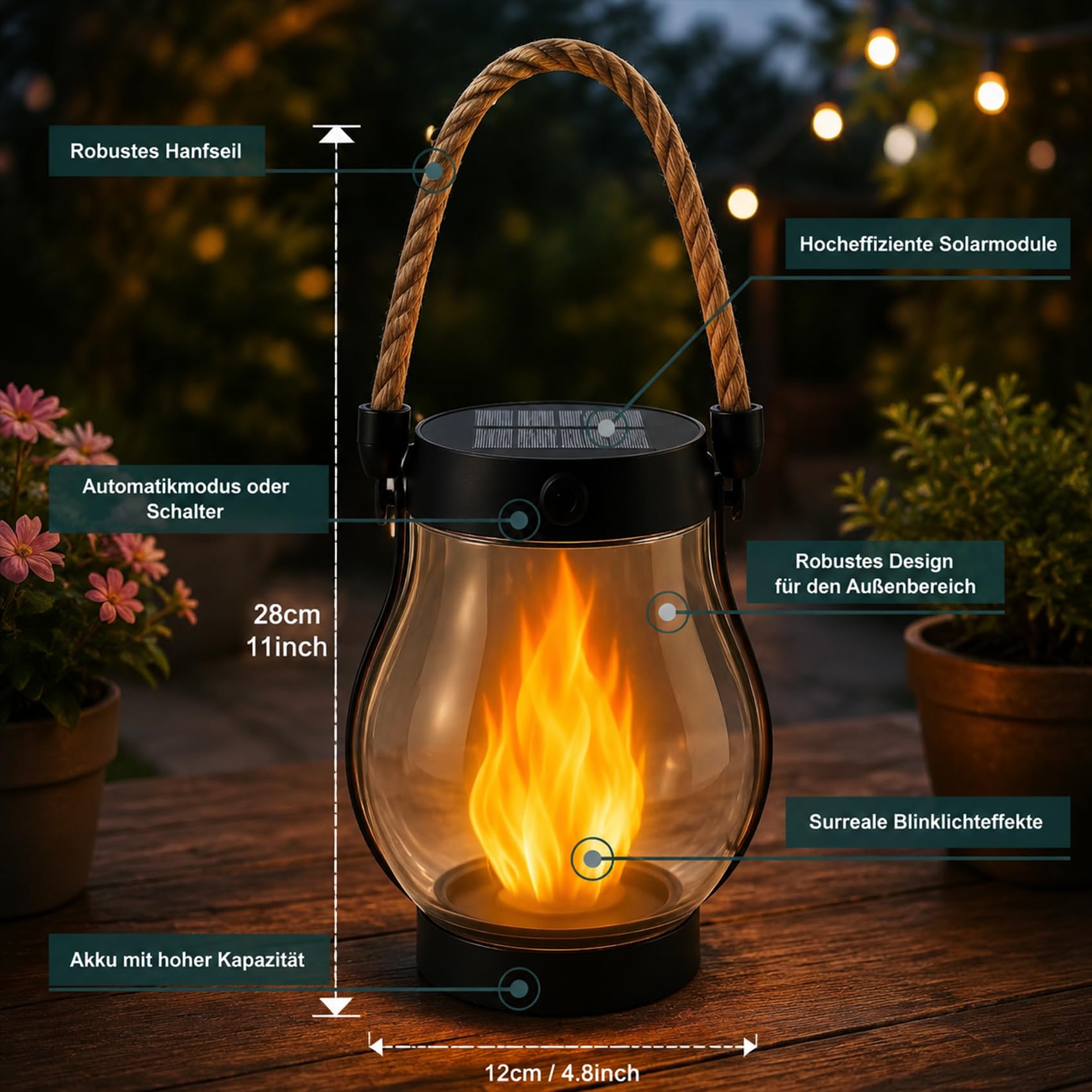 Klynero Solar-Laterne mit Flammeneffekt, 2027 NEU Klynero LED Solar Lantern, Solar- und USB-C-Ladung für AußEn Halloween Dekoration, Ideal für Garten, Balkon und Terrasse (2 Stück)