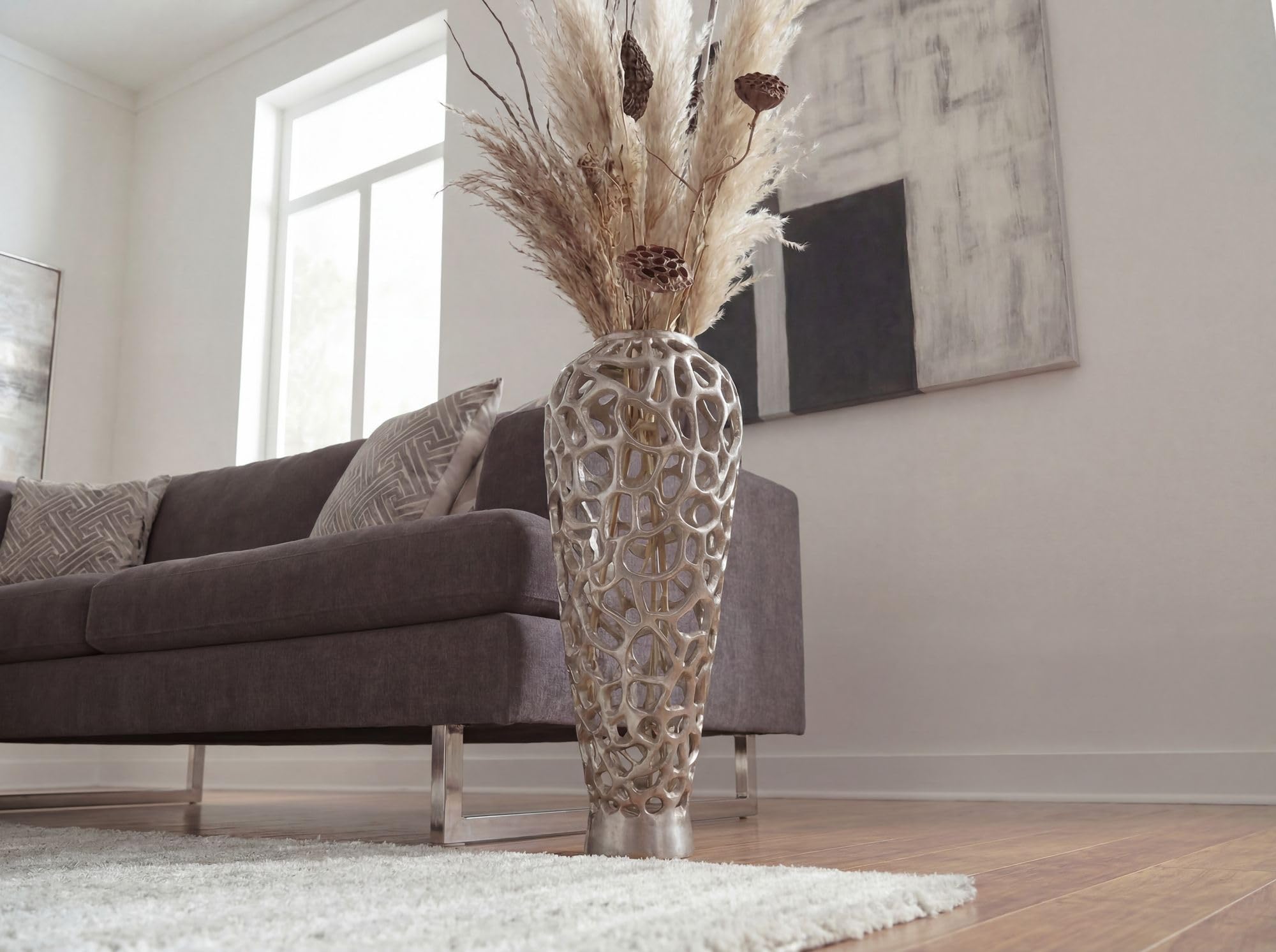 WOHNLING Bodenvase Aluminium 85cm Silber - Design Blumenvase Groß - Metallvase Modern - Dekovase rund für Trockenblumen - XXL Standvase Hoch - Wohnzimmer Deko - Wohndeko Handmade