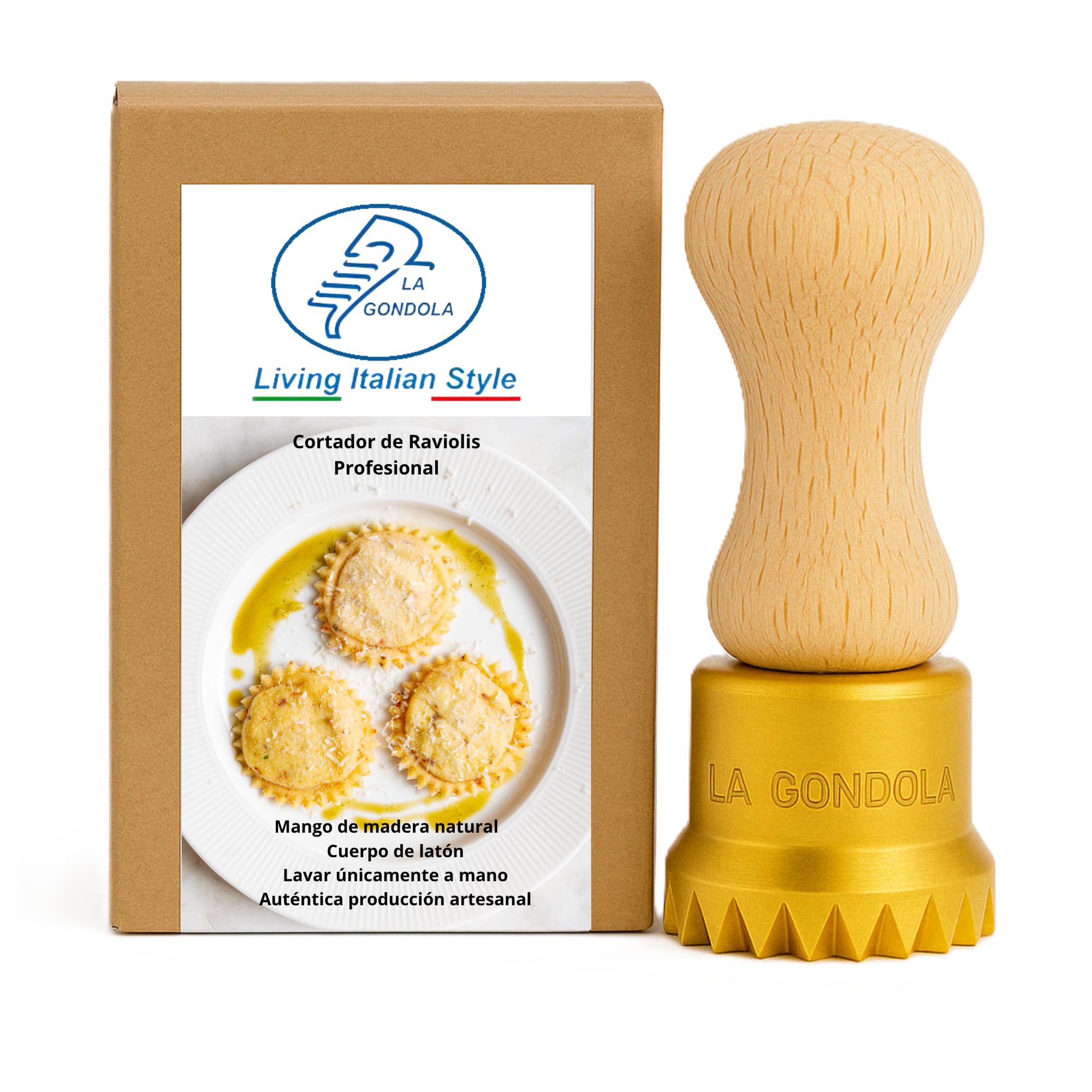 La Gondola Cortador de Raviolis Caseros - Redondo Festoneado 50 mm | Cortapastas de Latón y Madera Natural | Cortador de Pasta Robusto y Fácil de Usar | Utensilios para Pasta Fresca Hechos en Italia