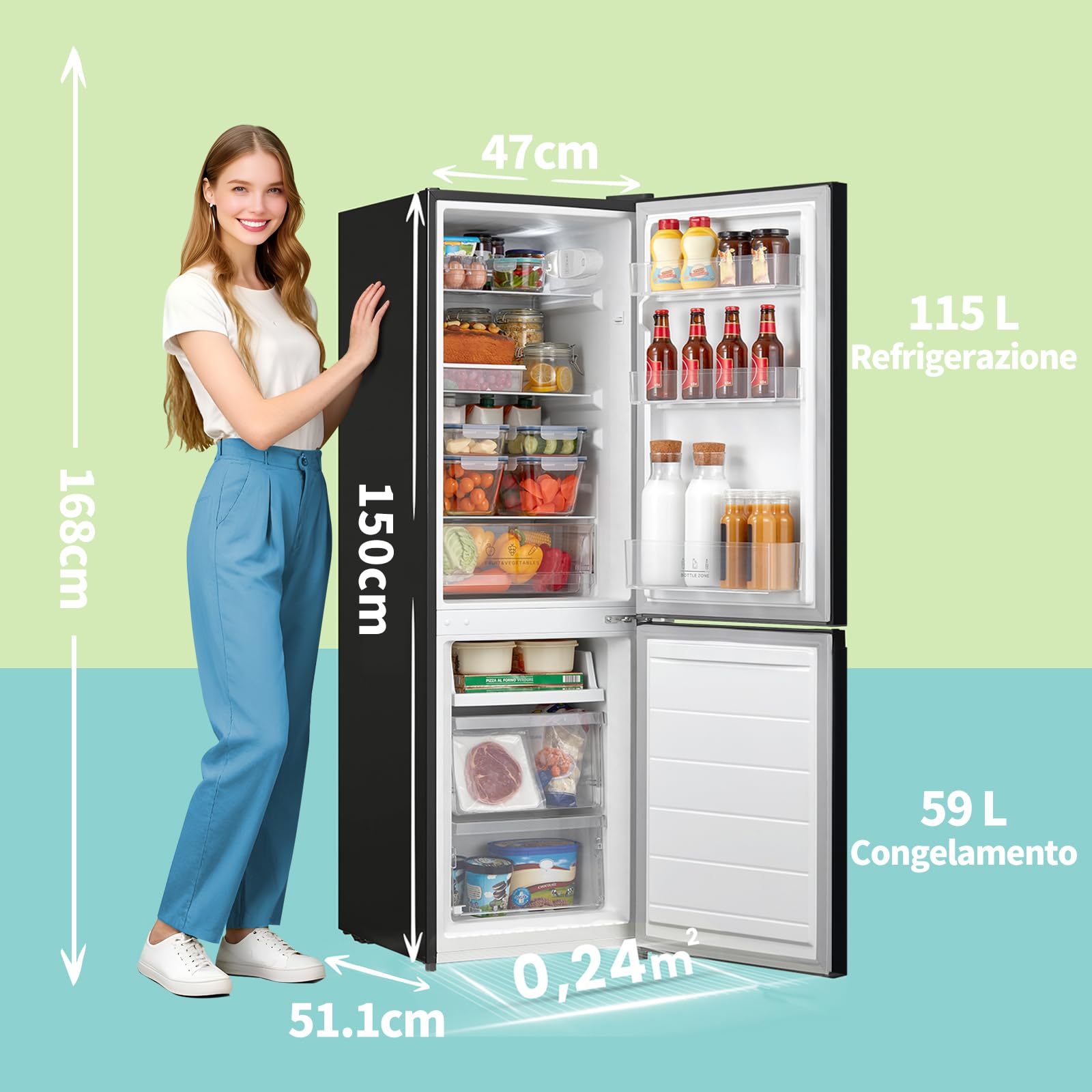 COMFEE' RCB169DK2(E) 174L Frigorifero Combinato, Altezza 150 cm, Tecnologia Low Frost, Silenzioso 39 dB, Illuminazione LED, 115L Frigo + 59L Congelatore, Libera Installazione, Nero