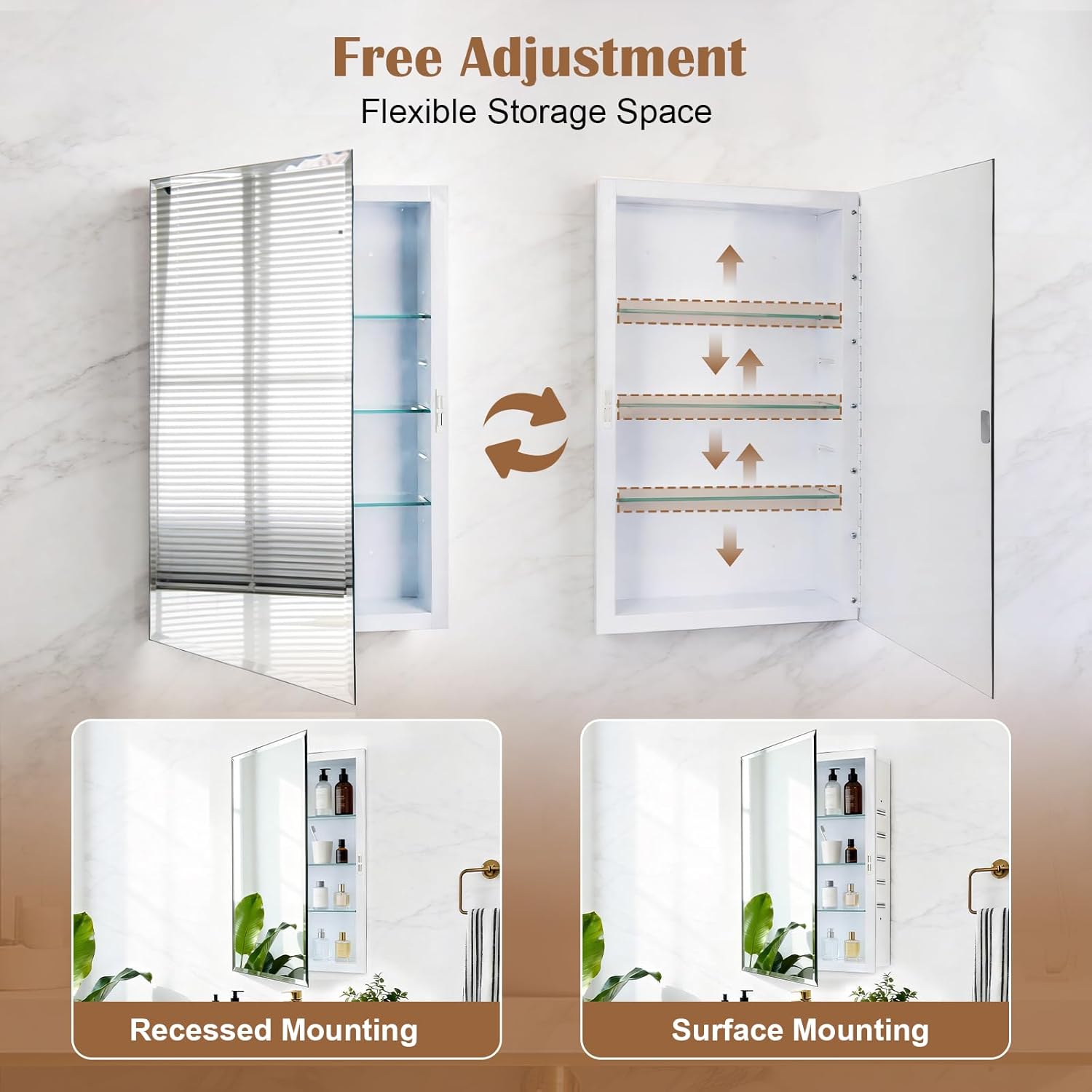16x26'' Bathroom Medicine Cabinet Mirror with Storage, Surface Mount or Recessed Medicine Cabinet with 4-Tiered Adjustable Tempered Glass Shelves