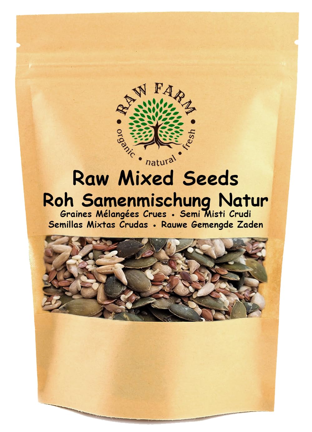 Raw Farm Mezcla de semillas crudas 5 variedades 1 kg calabaza girasol lino piñones cáñamo sin gluten sin soja