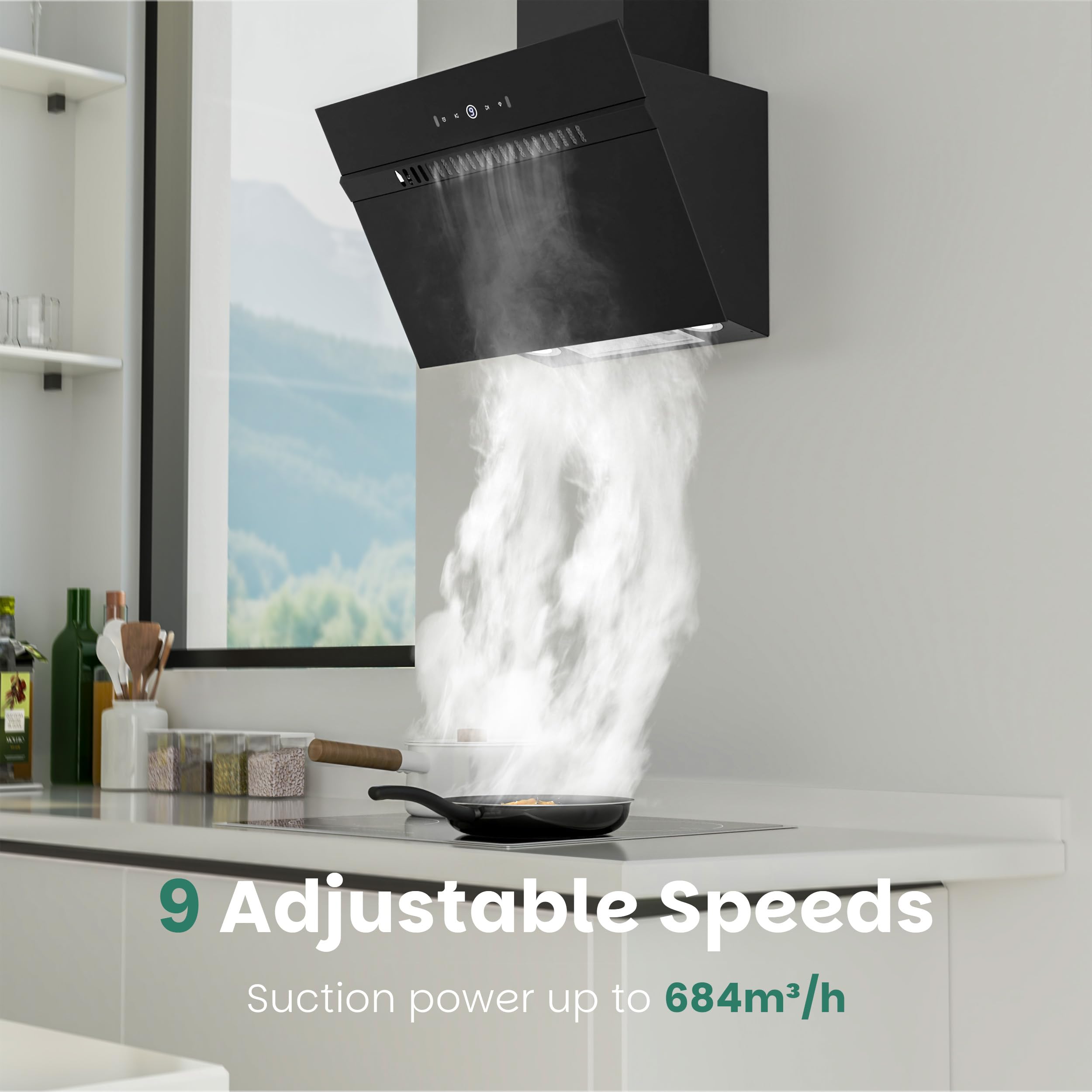 FIREGAS Classe A+++ Cappa Aspirante Inclinata 60cm, 684 m³/h, 9 Velocità, Controllo Touch e a Gesti, Ricircolo ed Estrazione, Cappa Cucina con Filtro a Carbone, Nero