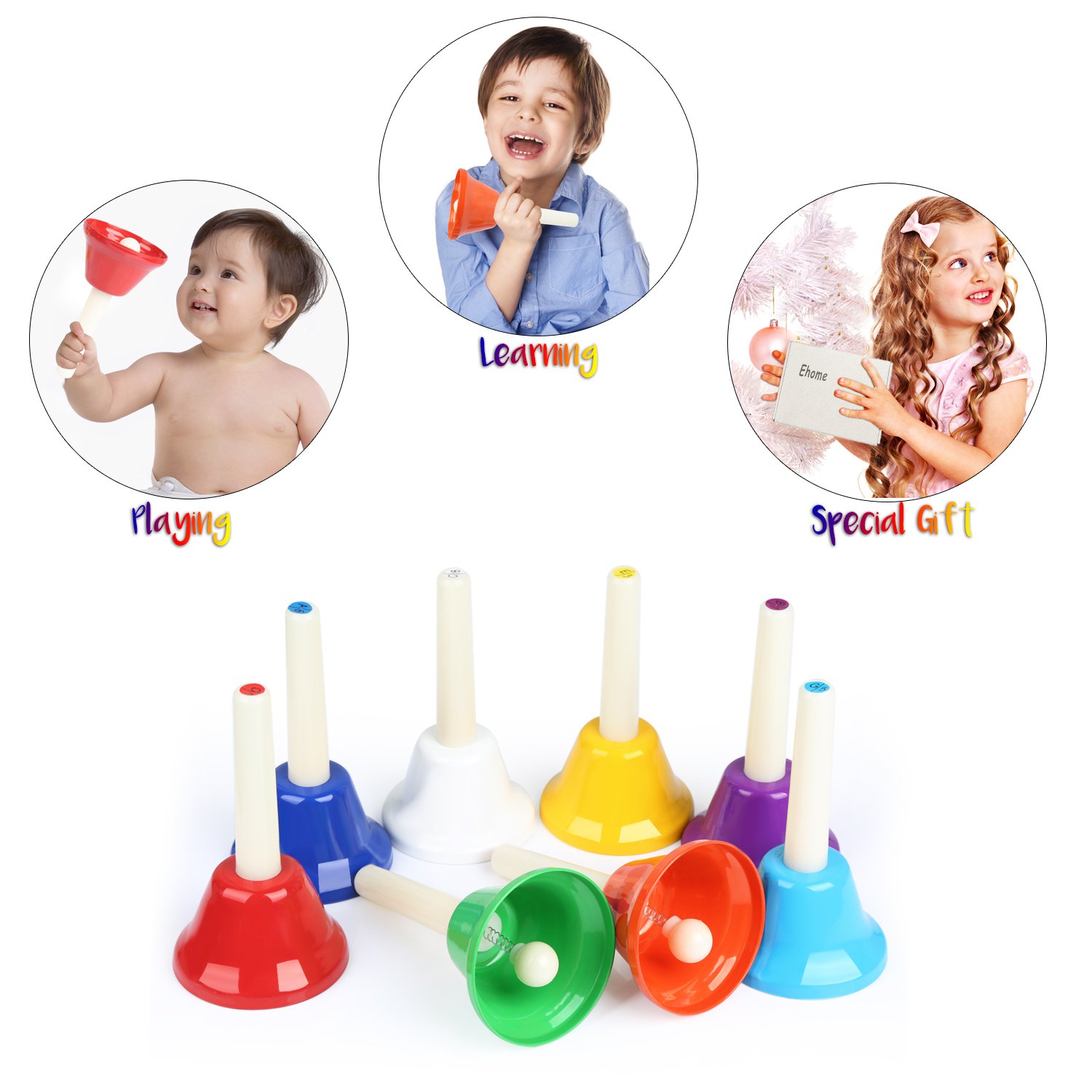 Ehome Handbells, 8 Note Hand Bells Set with Songbook, Early Learning