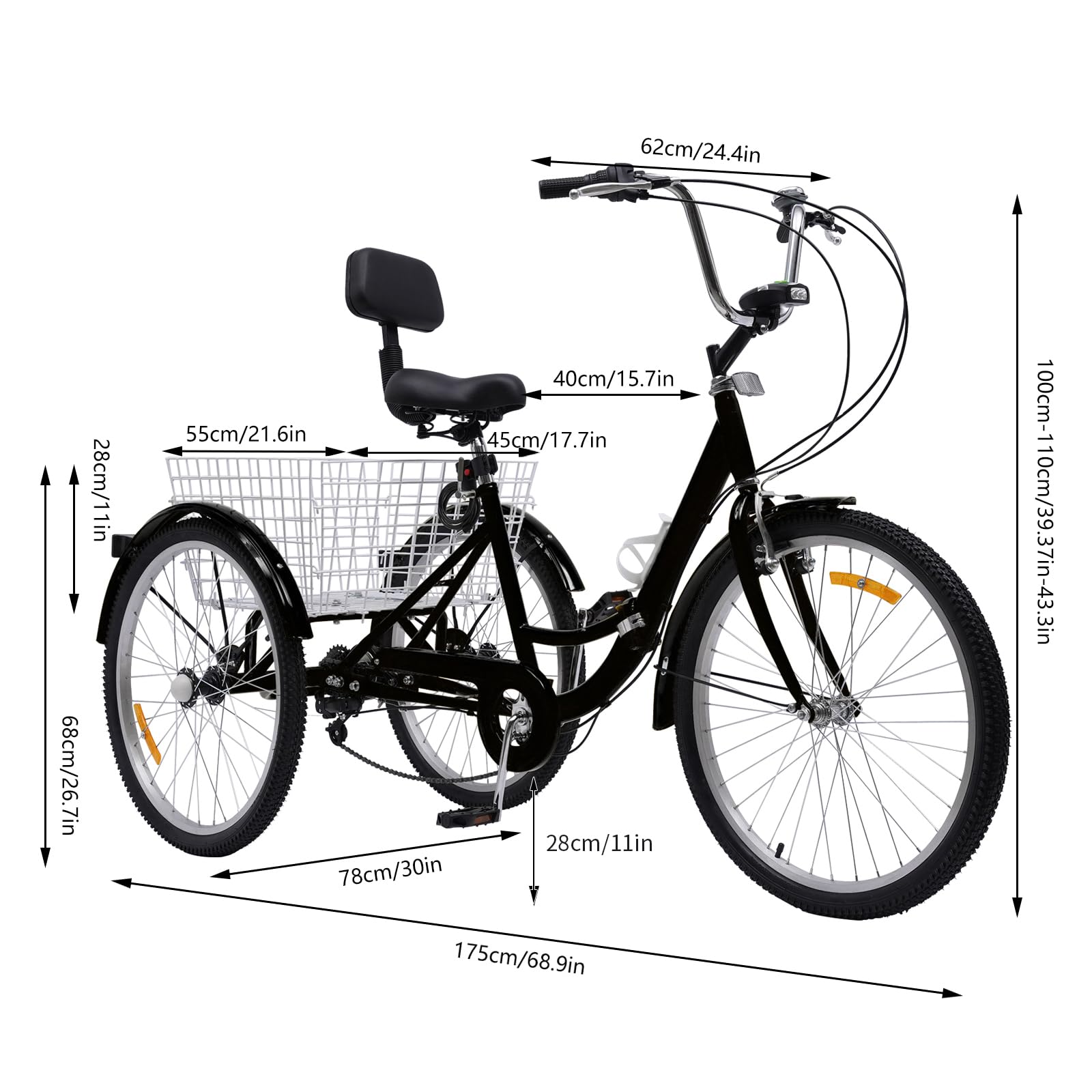 Bicicleta robusta de 24 pulgadas, triciclo de acero al carbono, plegable, para uso diario, 120 kg, 7 marchas, triciclo con sillín de suspensión