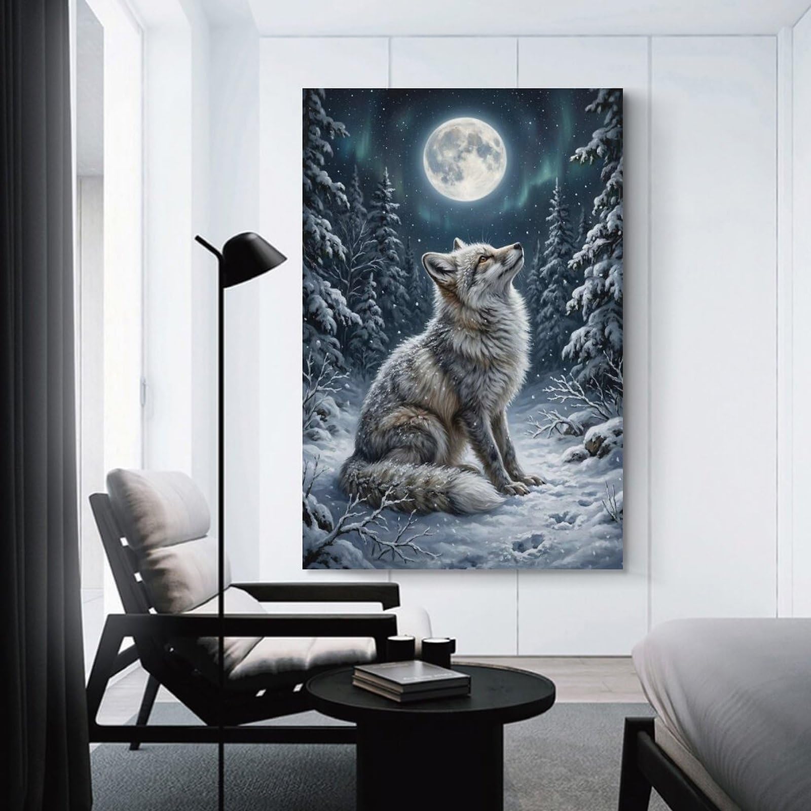 Junmoney Wolf Under The Northern Lights Wall Art Print, 12x18inch(30x45cm), for Entrance Spaces, Stair Walls Or Halls, Home Artwork for First Impressions