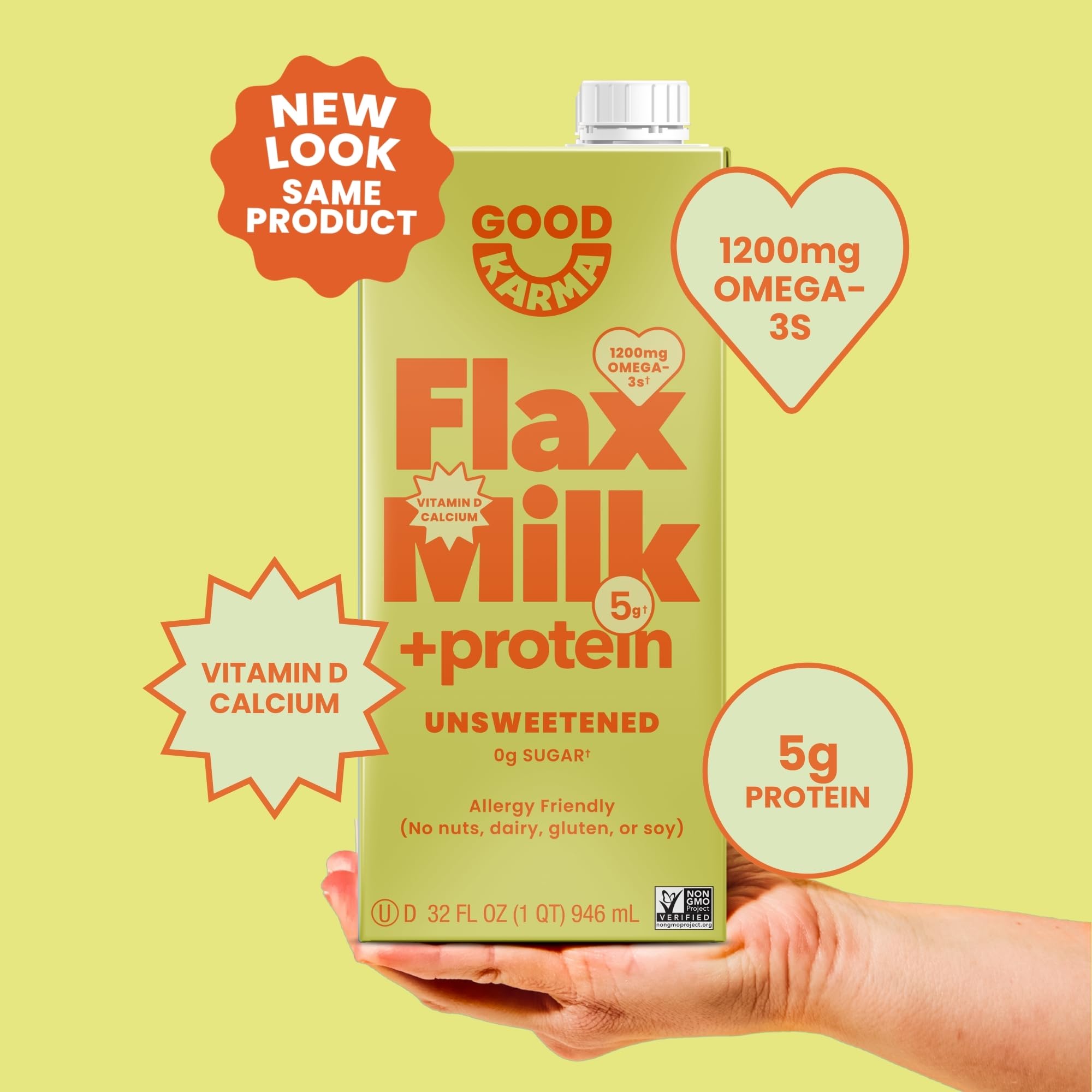 Good Karma Unsweetened Flaxmilk +Protein, 32 Ounce (Pack of 6), 5g Plant Protein + 1200mg Omega-3 Per Serving, Plant-Based Non-Dairy Milk Alternative, Lactose Free, Nut Free, Vegan, Shelf Stable