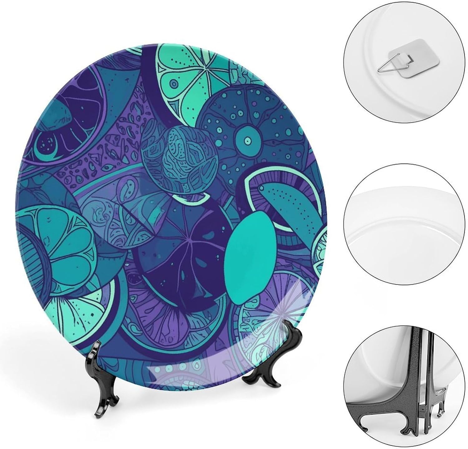 Blue Teal Lemon Ceramic Plate 10inch Decorative Bone China Wall Hanging Ornament Plates Bohemian Style Dinner Plate with Display Stand Cabinet Display Plates for Home Art Decor