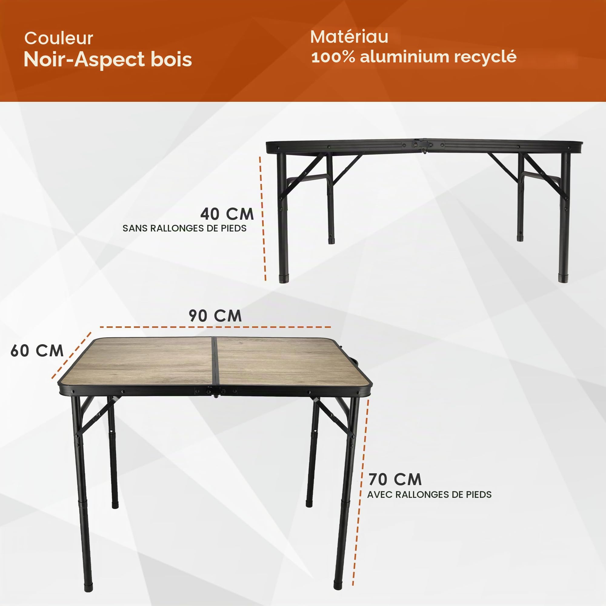 Table de camping pliable 90 x 60 cm aspect bois – Table pliante pliante avec hauteur réglable 40/70 cm, pour 4 personnes, charge jusqu'à 30 kg pour balcon, jardin, pique-nique et caravane