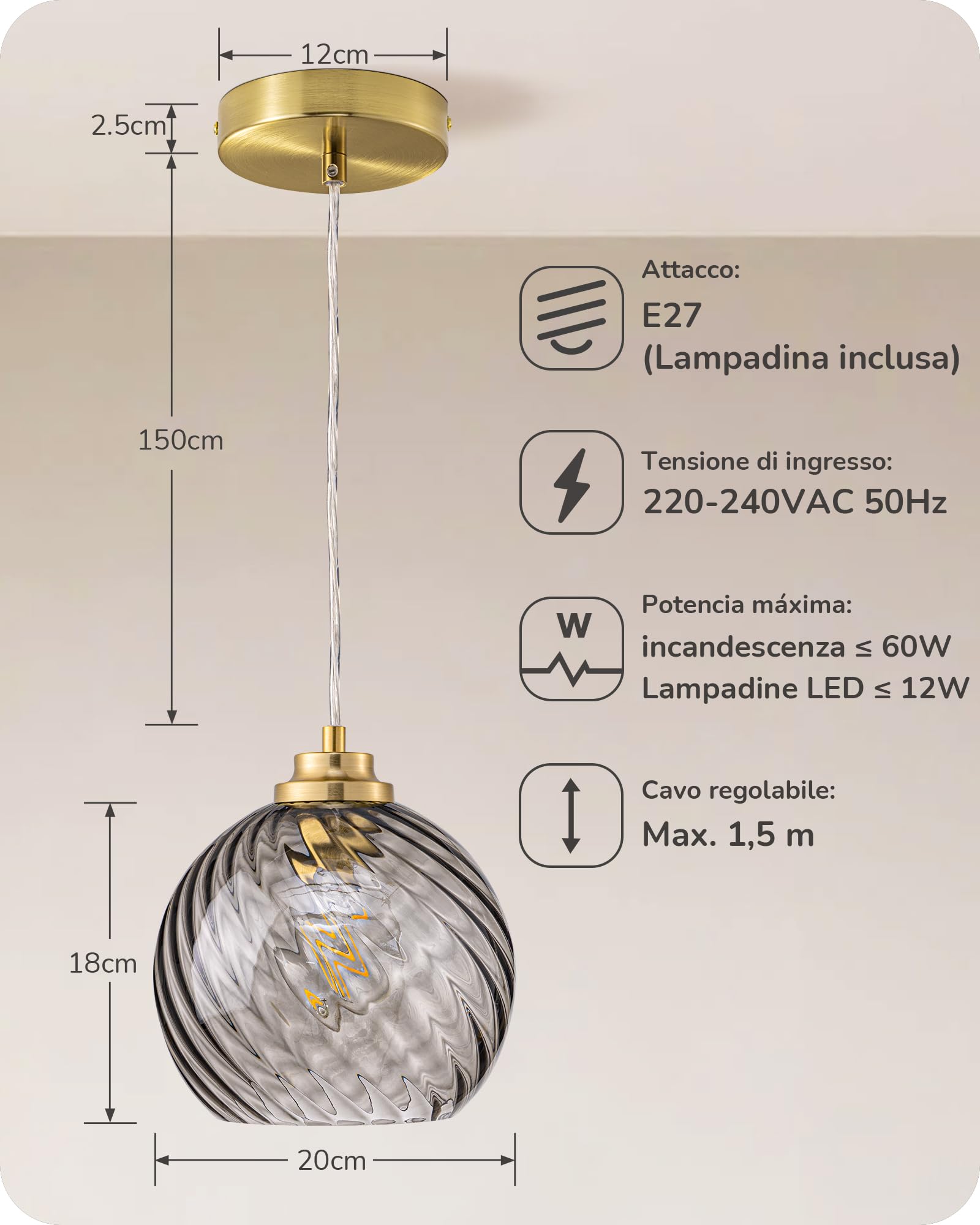 EDISHINE Lampada Sospensione Vetro Ondulato, Grigio Fumo, Regolabile 1,5 m