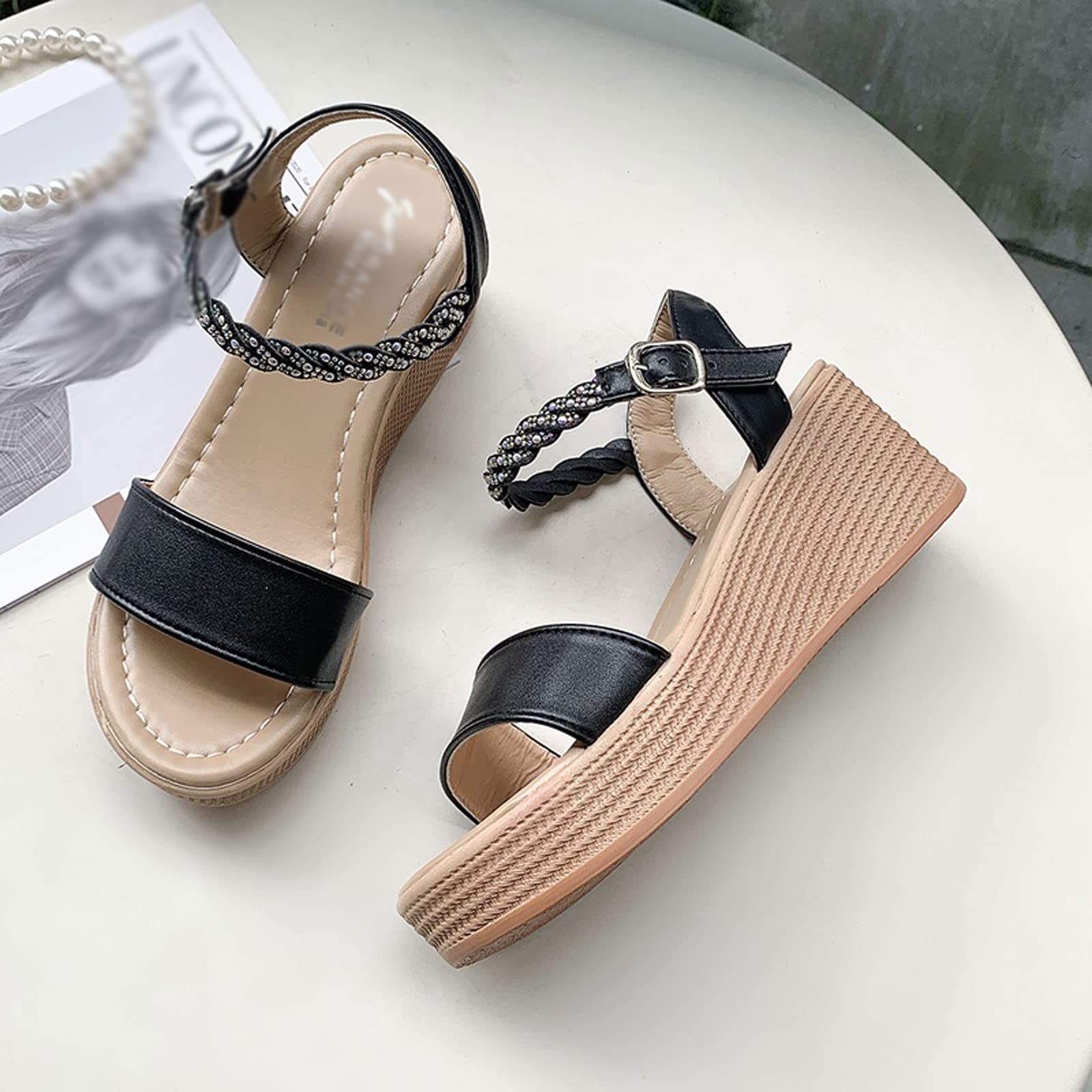 Sandały dla kobiet buty kobiety krystaliczna platforma muffinka Sandaly Sandaly Miękki skórzany pasek klamry swobodny buty otwarte kliny óp Sandały 4.5 UK